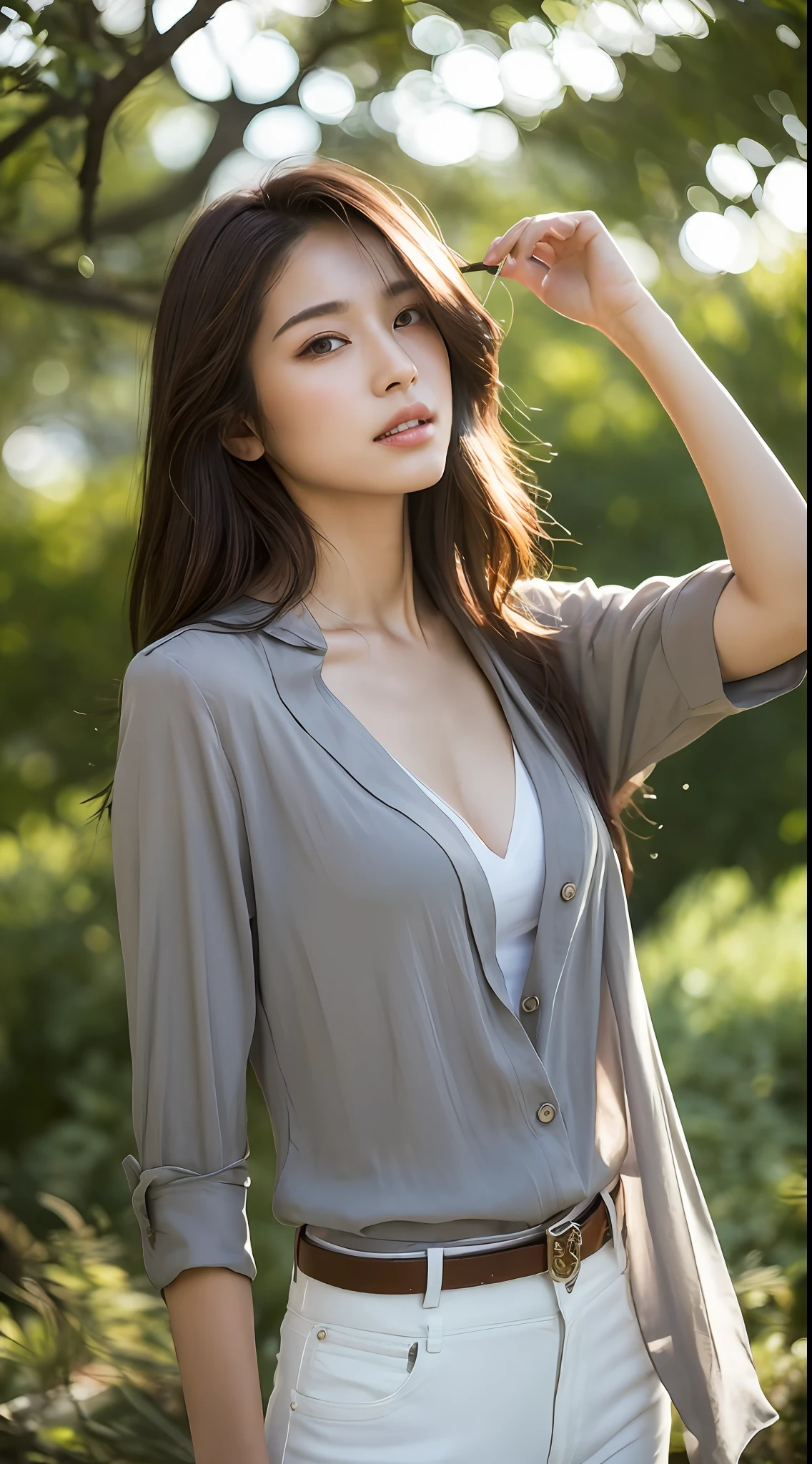 ((Best quality, 8k, Masterpiece :1.3)), Sharp focus :1.2, A pretty woman with perfect figure :1.4, Slender abs :1.2, ((Dark brown hair,breasts :1.2)), (white long formal shirt)(buttoning up his shirt.), grey background:1.2, Highly detailed face and skin texture, Detailed eyes, Double eyelid,fashion model posing,cowboy shot,white pants,sunlight filtering through trees,(wears a gray scarf around his neck.)