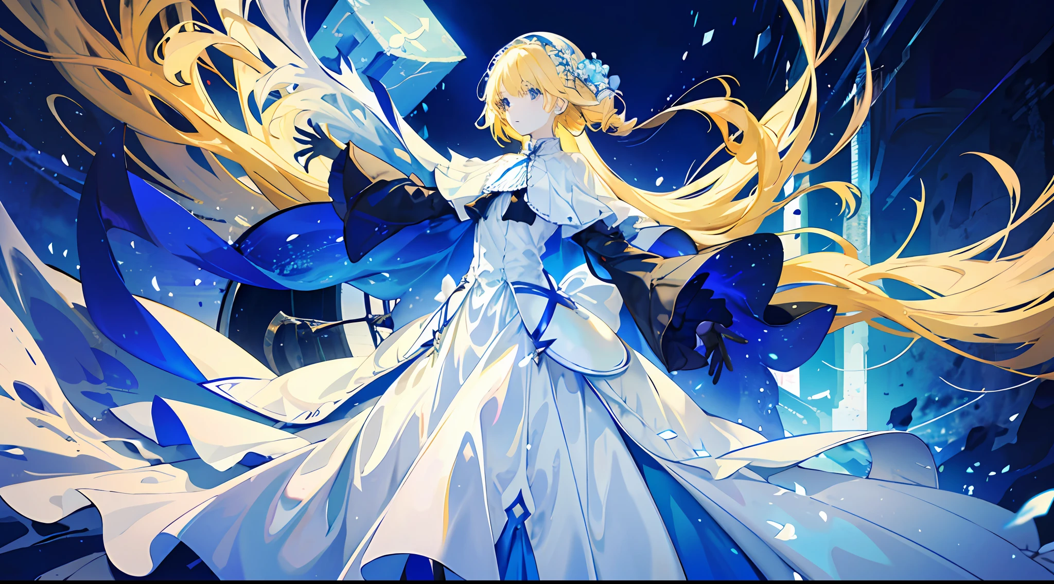 A little girl, beautiful, otherworldly, elegant, full body, long blonde hair, simple dress, long skirt, white and blue color scheme, Western medieval style, square, crowd surrounded,
