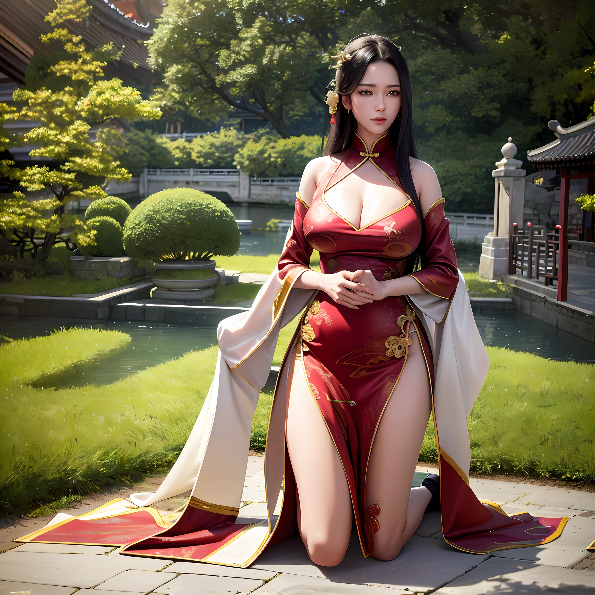 unparalleled masterpiece, ultra realistic 8k CG, perfect artwork, ((perfect female figure)),mature female, milf,chinese deity, alluring, clean, beautiful face, pure face, pale skin, absurdly long hair, divine goddess, shiny skin, skindentation,delicate pattern, intricate detail, (rich:1.4),fantasy, divine, clean, rich, prestige, fantastic, supreme, apex, paramount, goddess, lace, lace trim, delicate pattern, shiny skin, gold, royal, queen, supernatural, phenomenal, fabulous, marvelous, stupendous, terrific, spotlight, extremely detailed face, super idol face,messy hair, perfect lighting, plentiful, (detailedlight),((anextremelydelicateandbeautiful)),dramatic_shadow,ray_tracing ,((kneeling,full body, )),
((ancient china background, china patterns, shawl, hagoromo, hanfu, detailed clothes,chinese pattern dress)), (indoors + dark vibe + china courtyard + pond + pavilion + peaceful + bridge + trees),