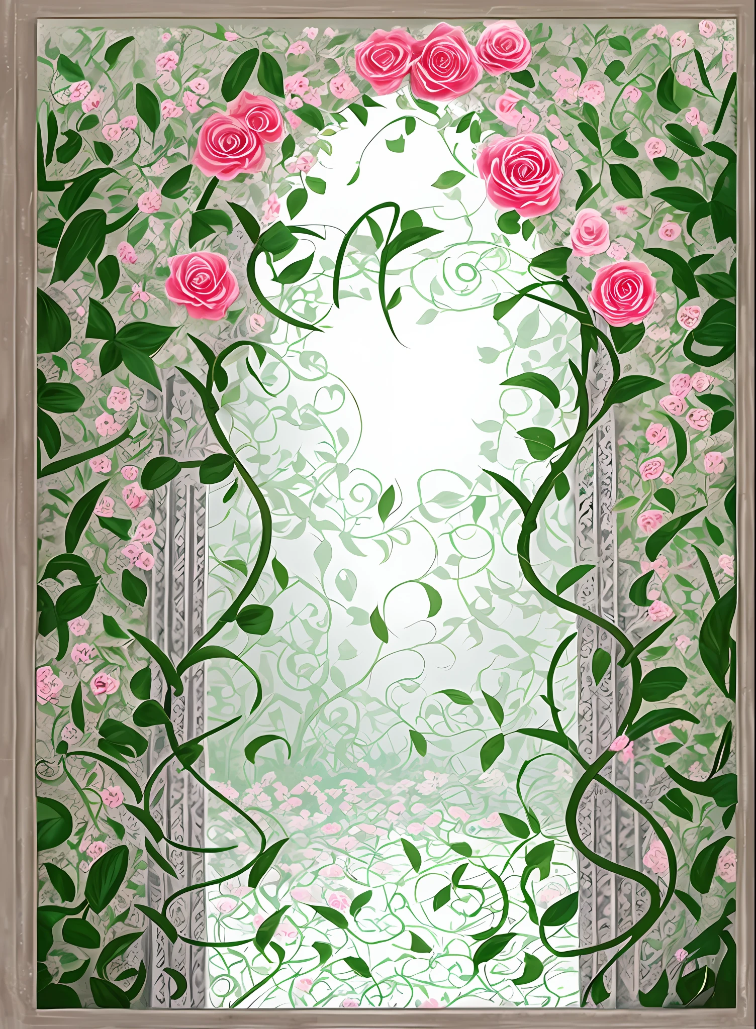 There is a drawing of a gate with flowers and leaves, random background scene, a portal made of roses, thorns and vines. Detailed, overgrown shiny spots, vines and roses, background art, painted with microsoft paint, flowers and vines, with some vines and overgrown, quick painting, gorgeous border + concept art, build shot