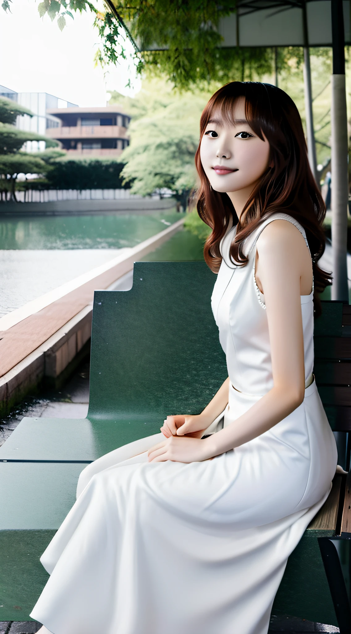 Araffe woman sitting on a bench near a body of water - SeaArt AI