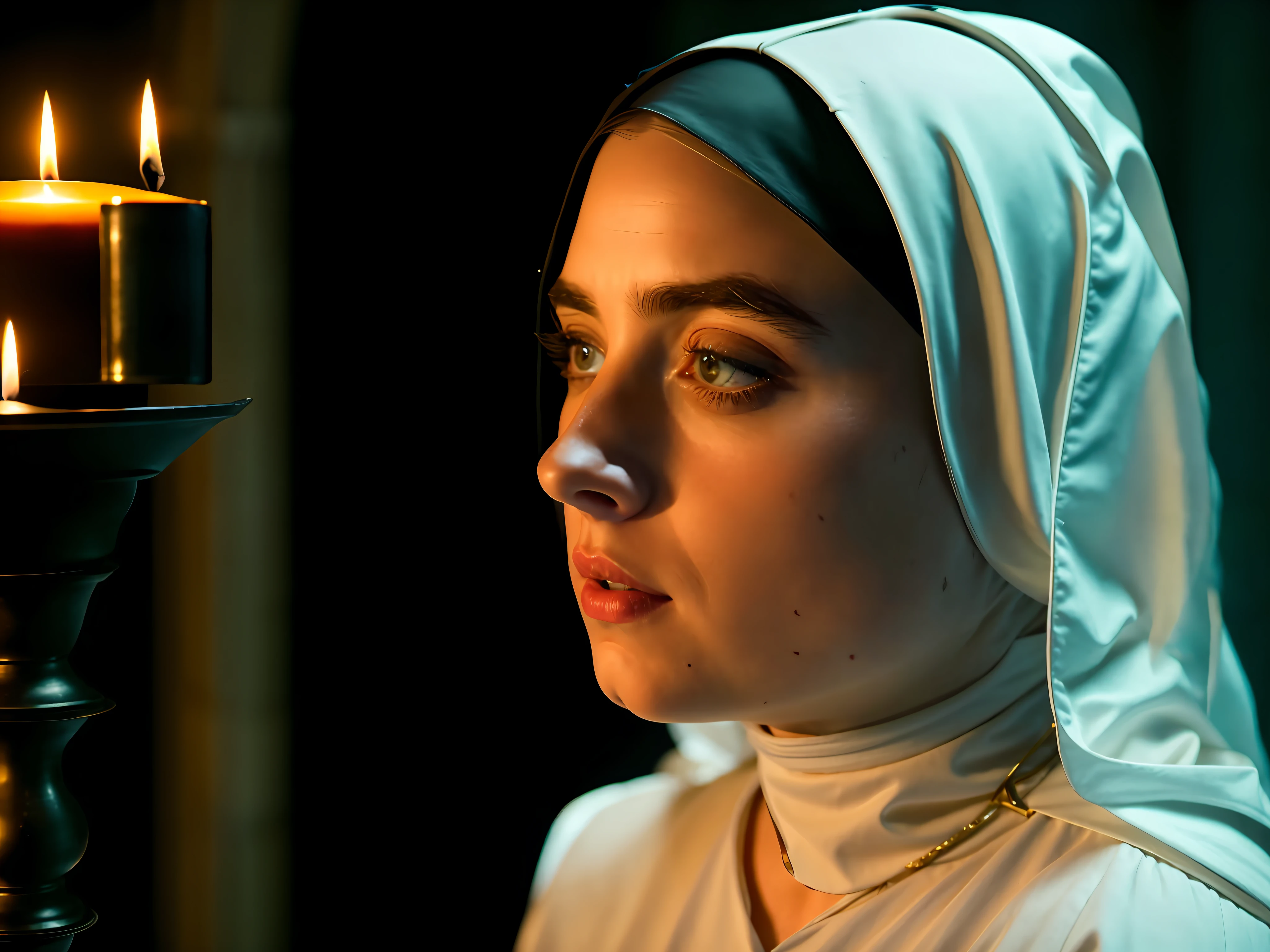 a close up of a woman in a nun's outfit with a candle, billie eilish as a sad nun, billie eilish as a nun, vvitch, film promotional still, film still promotional image, still from the film, ana de armas as joan of arc, an evil nun, close-up portrait film still, film still dnd