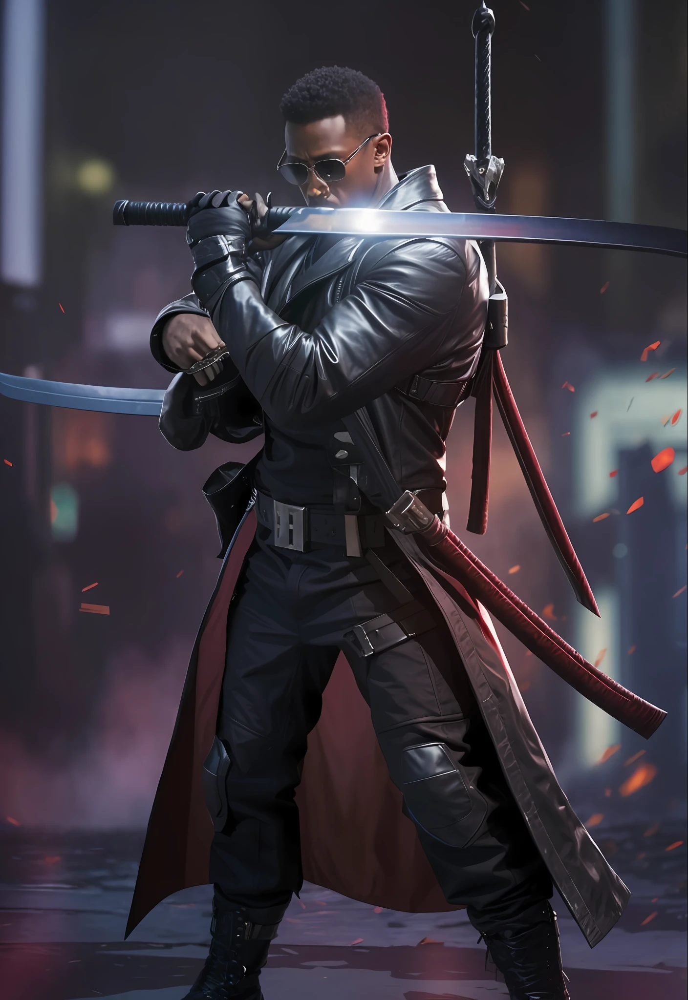 Wesley Snipes, blade,vampire hunter,fighter,supernatural powers,martial art,colors,scenery,gothic,marvel,holding two katanas,sunglasses,black leather overcoat,BLACK