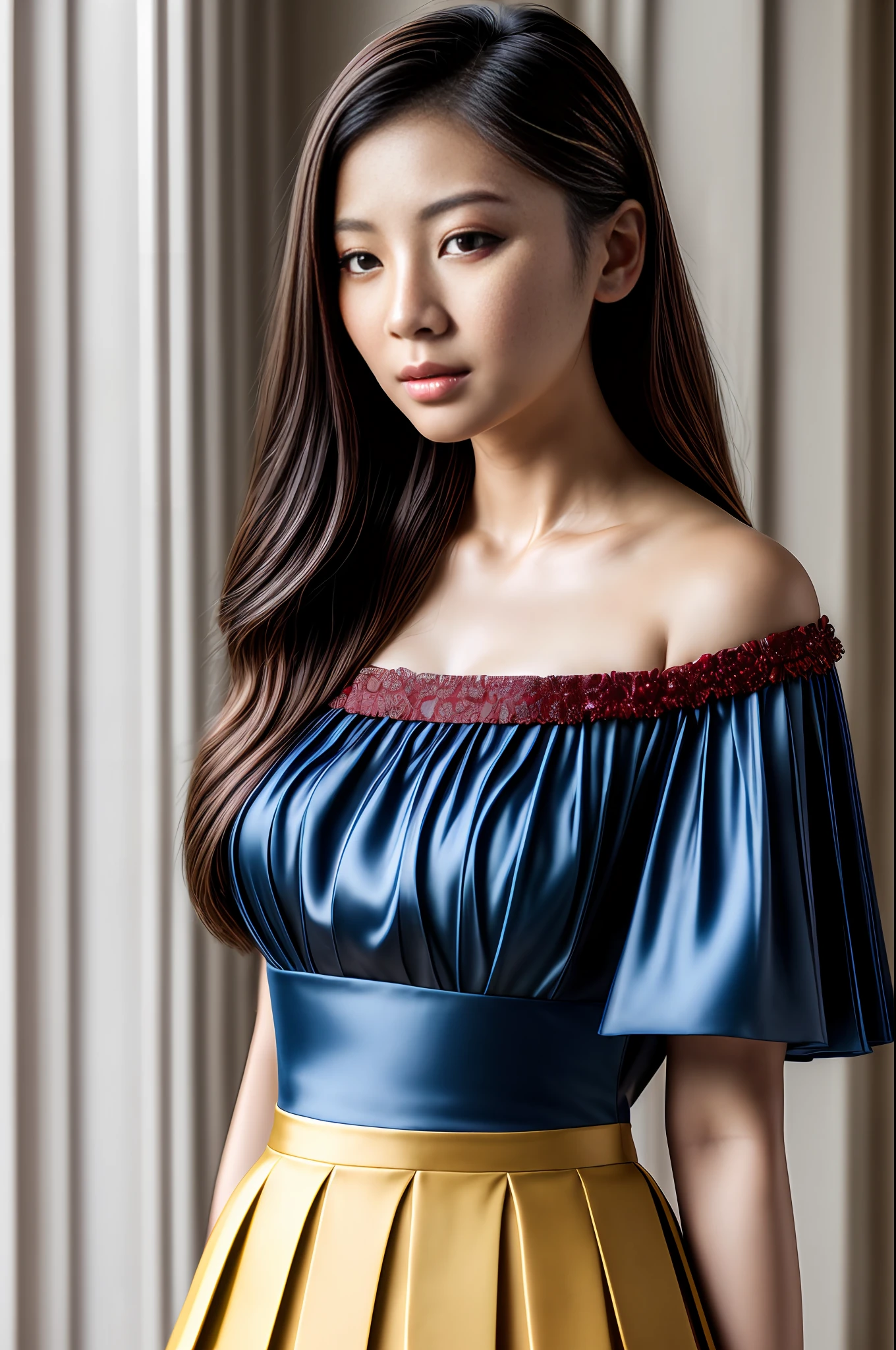 best quality photograph,high Detail RAW color Photo, Full Shot, front angle,stunning photo, analog style, hyper real photo of a (Asian woman:1.4), wearing (silk yellow pleated skater skirt, blue corset, red puffed slash shoulder length sleeves, red silk cloak), (amber eyes:1.2), shining eyes, (black hair, short hair, red hairband), (photographed on a Canon EOS 90D DSLR Camera by Richard Hamilton photographed:1.2), (perfect face, seductive look, detailed skin, diffused skin pores, , strong shadows, perfect shadows, ultra realistic lips, ultra realistic nose, perfect face, realistic eyes, ultra detailed eyes, ultra detailed face, shaded face, pores, real skin, straight up), (highly detailed, fine details, intricate), raytracing, shallow depth of field, hard focus, smooth, cinematic film still,(intricate details, hyperdetailed:1.2),(dimly lit, low key, rim lighting:1.4), looking at viewer, looking at camera, 8k UHD, DSLR, high quality, film grain, cleavage, , wide 