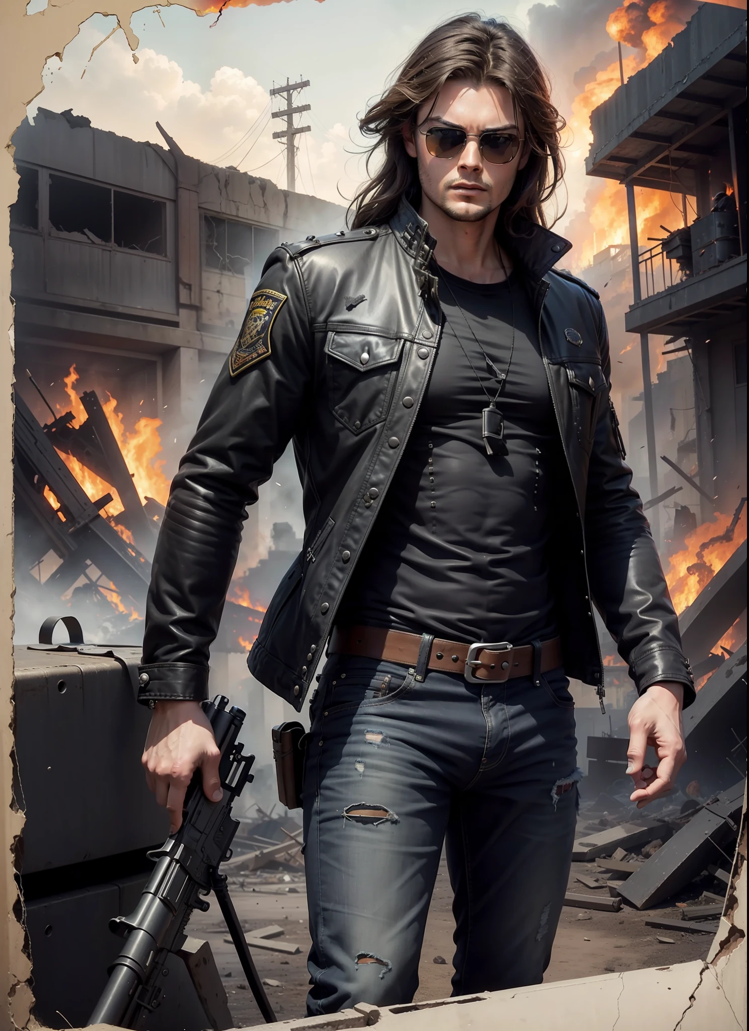 Young Karl Urban, long hair, sunlasses, jeans, 1 belt, holster, rivets, long black jacket, just one body, big gun in the hands, in the ruins, explosions behind, fire behind, front view, movie poster