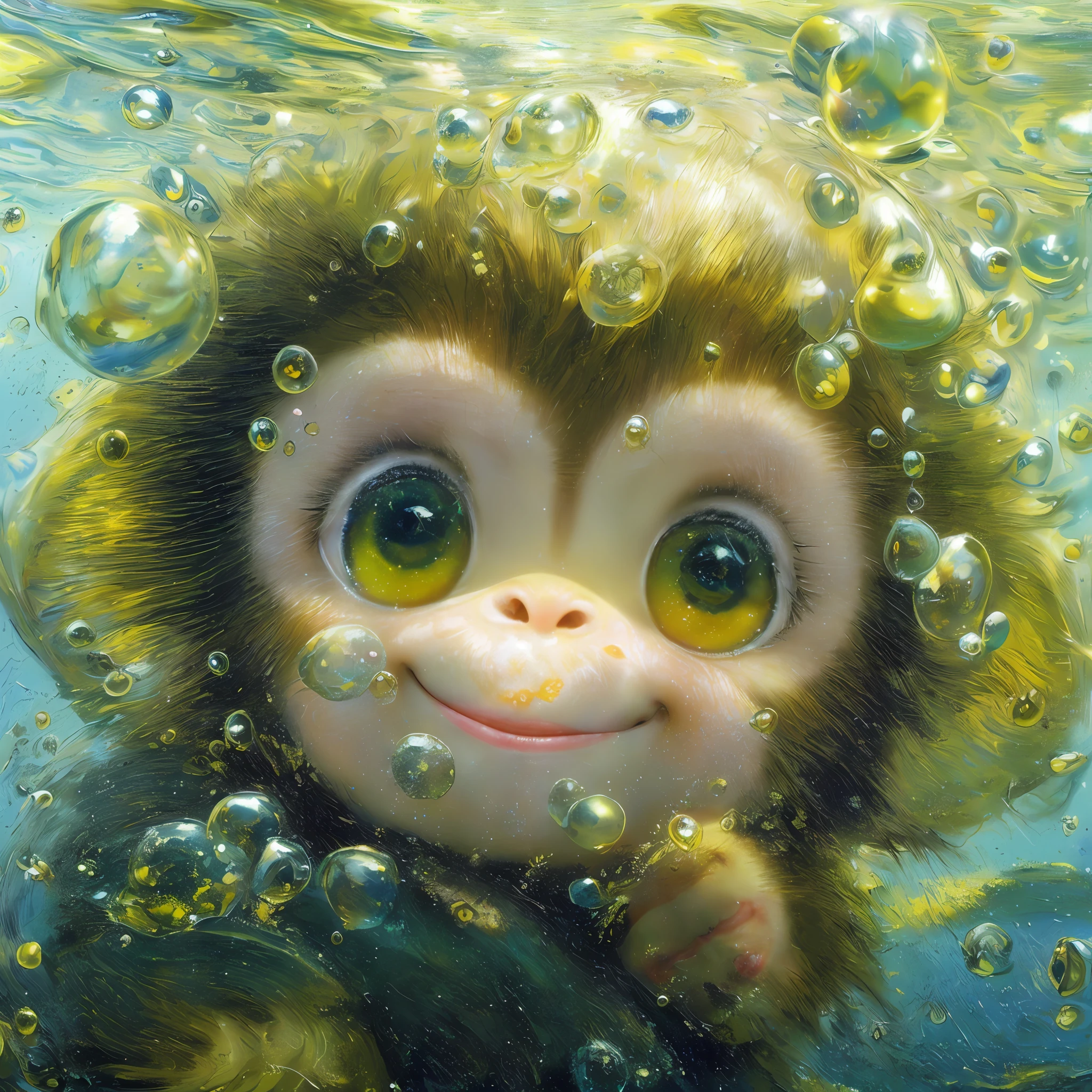 A little monkey swimming underwater, eyebrows, smile, fantasy in Katsuhiro Otomo style, rendering style in realistic hyper-detail, glow, yellow blue, ultra-realistic oil painting, head close-up, exaggerated perspective, Tyndall effect water drops, pearlescent mother, holographic white, realistic---s400