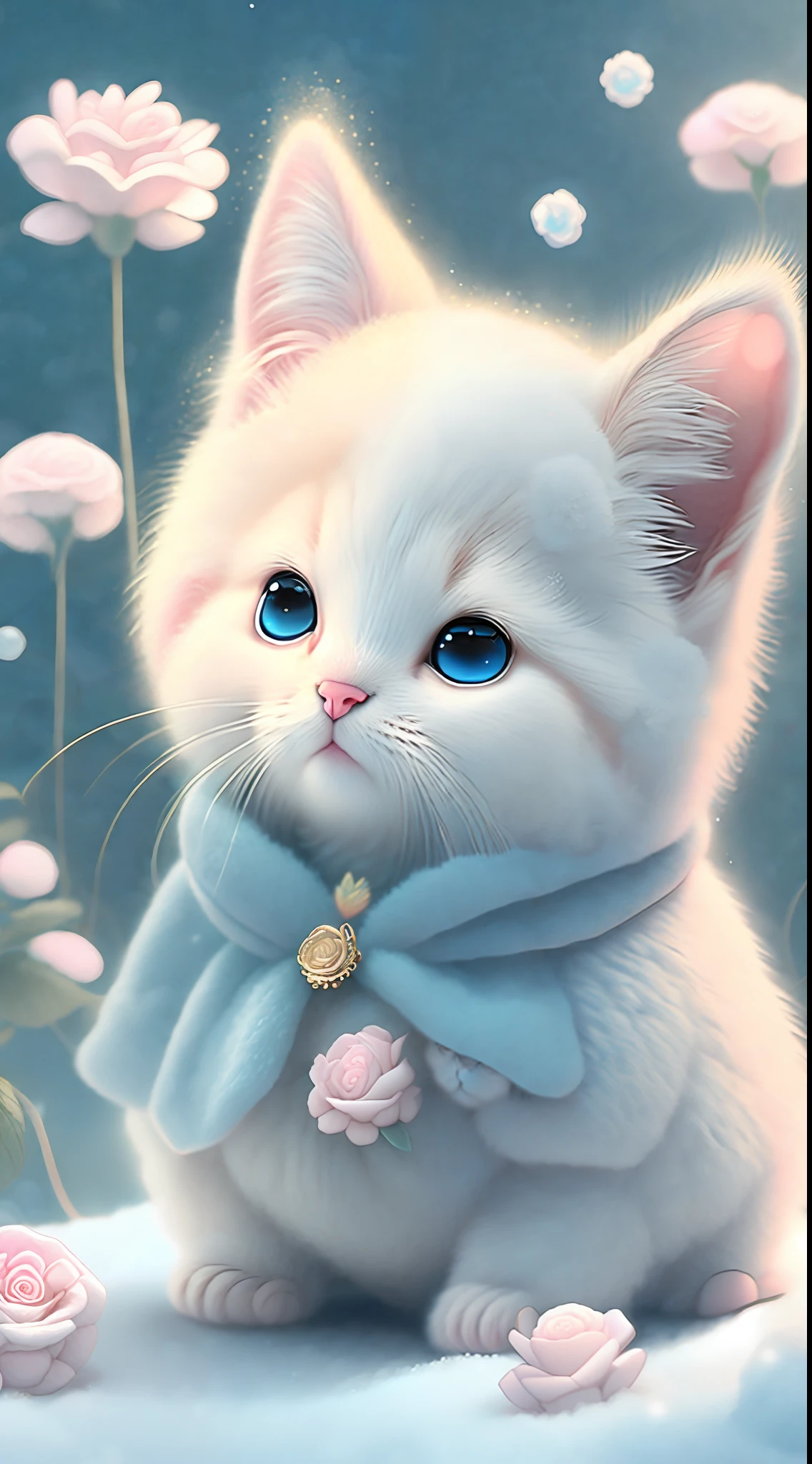 In this ultra-detailed CG art, cute kittens surrounded by ethereal roses, laughter, best quality, high resolution, intricate details, fantasy, cute animals, left, funny, left!! Mouth!!! Laugh!!