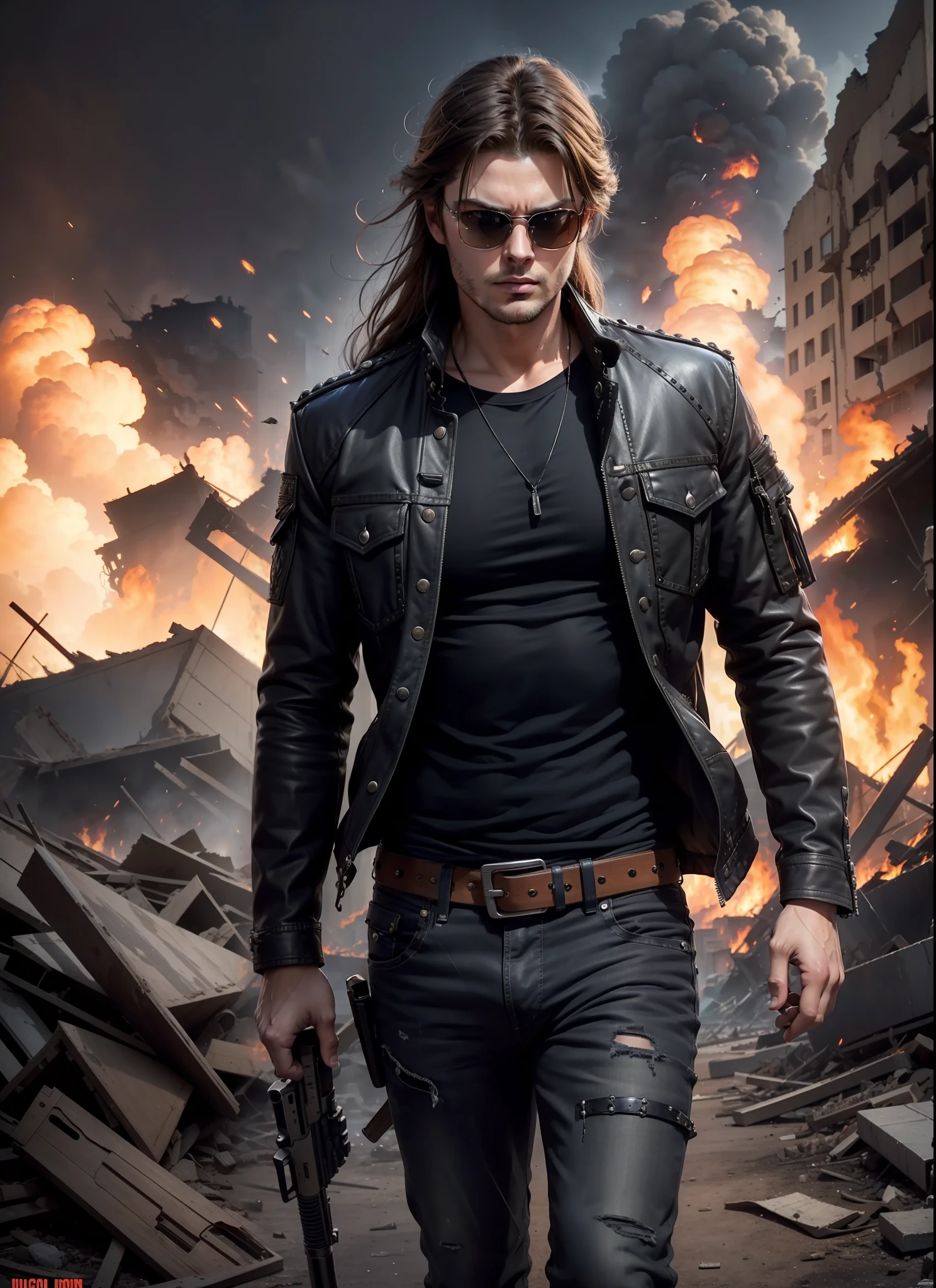 Young Karl Urban, long hair, sunlasses, jeans, 1 belt, holster, rivets, long black jacket, just one body, big gun in the hands, in the ruins, explosions behind, fire behind, front view, movie poster