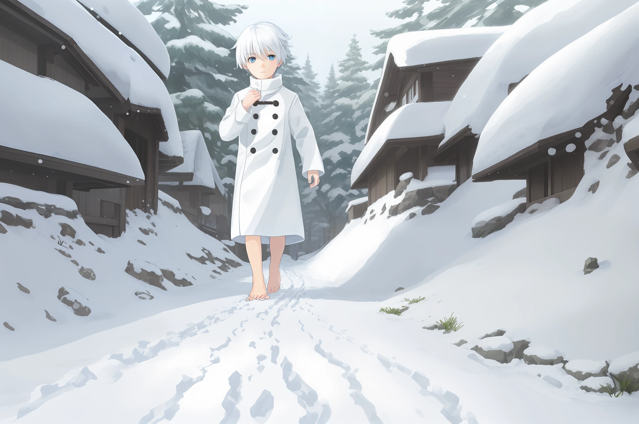 On a snowy day, walking barefoot on the snow, white clothes, white hair, blue eyes, short hair, little Shota