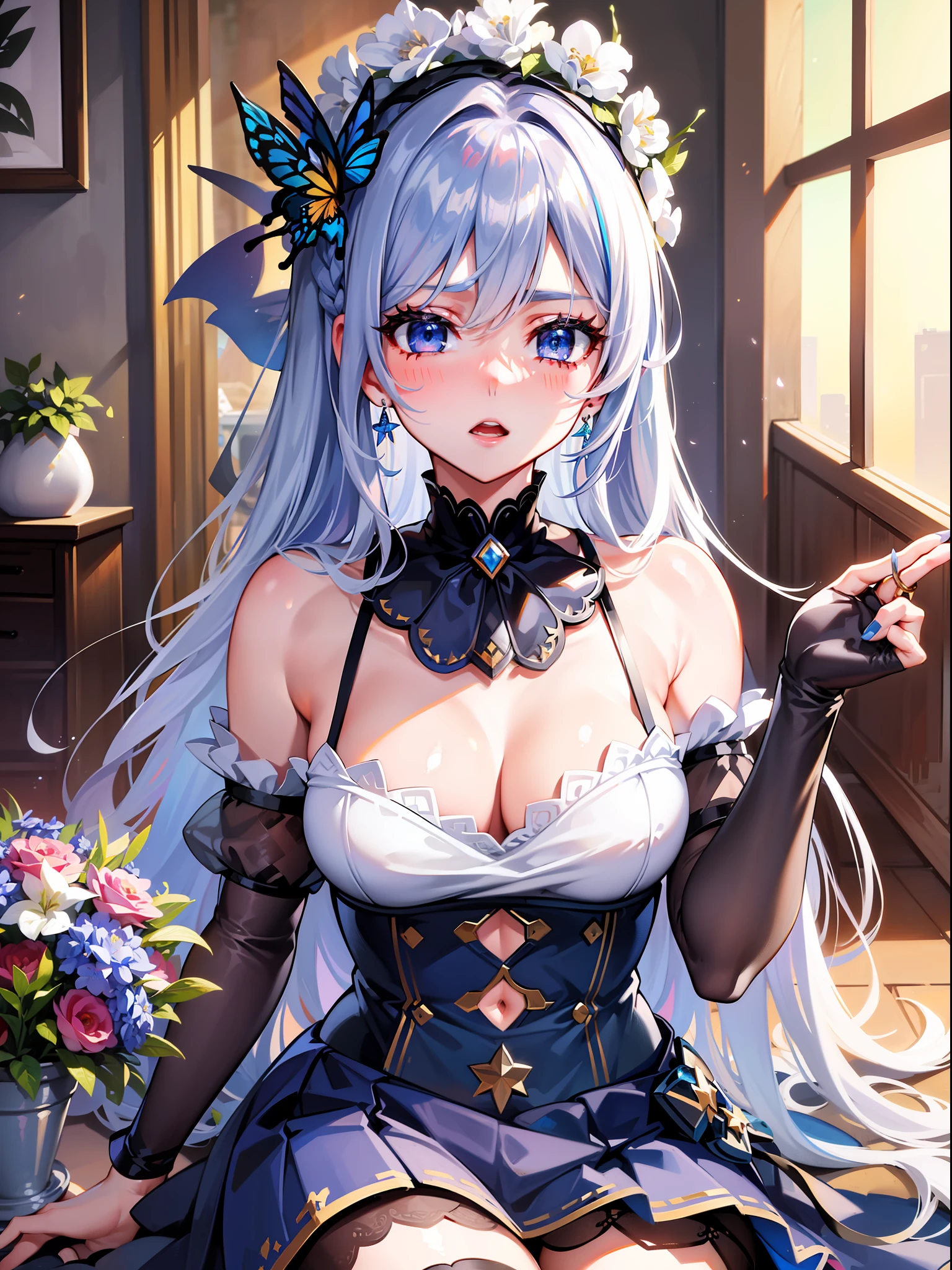 Red hair, light blue eyes, veil, arm cover, medium hair, wig, seductive sparkly blueberry dance costume, white hair, white and yellow cloth, red eyes, black long gloves, super delicate, dream, partially colored, game CG, side boob, solo focus, petite girl, woman, baby, 5 years old, long hair, blue striped hair, parted bangs, eyes visible through the hair, short ponytail, hair intake, gray hair, multicolored hair, flowing hair, girl disgusted face, thoughtful, V-shaped eyebrows, bright eyes, blue ears, parted lips, delicate hands, flat chest, belly, blond eyes, white skin, red ribbon, iridescent jewelry hat, UHD, retina, masterpiece, accurate, anatomically correct, textured skin, super detail, high detail, high quality, award-winning, top quality, high resolution, 1080p, HD, 4K, 8K, 16K, cute & girly (idolmaster), long hair, open mouth, thighhighs, blue eyes, gloves, skirt, jewelry, bare shoulders, idolmaster, indoors, thick thighs masterpiece++,  ultra-detailed++, pixiv++, best shadows++, best lighting++, best quality++, cinematic shot, rim lightning, 1girl, jewelry, solo, blue eyes, hair ornament, looking at viewer, ring, braid, bangs, blue nails, flower, blue butterfly, earrings, white hair, hair between eyes, blue flower, butterfly, parted lips, nail polish, bug, long hair, butterfly hair ornament, hair flower, hat, blush, crossed bangs, blue theme, portraitmasterpiece++, best quality++, ultra-detailed+, kawaii++, cute, lovely+, ilustration++, (chibi)+++, baby, (focus background), flower field, beautiful sky, full moon, moonshine, moonrise, sunrise, sunshine, starry sky, picnic, tablecloth, cakes, food, cups, tree, petals in the hair+++, fireflies++, snow, mountain+, a cute girl, beautiful blue eyes++, beautiful white hair++, long hair++, (complex mini-skirt)++, flo