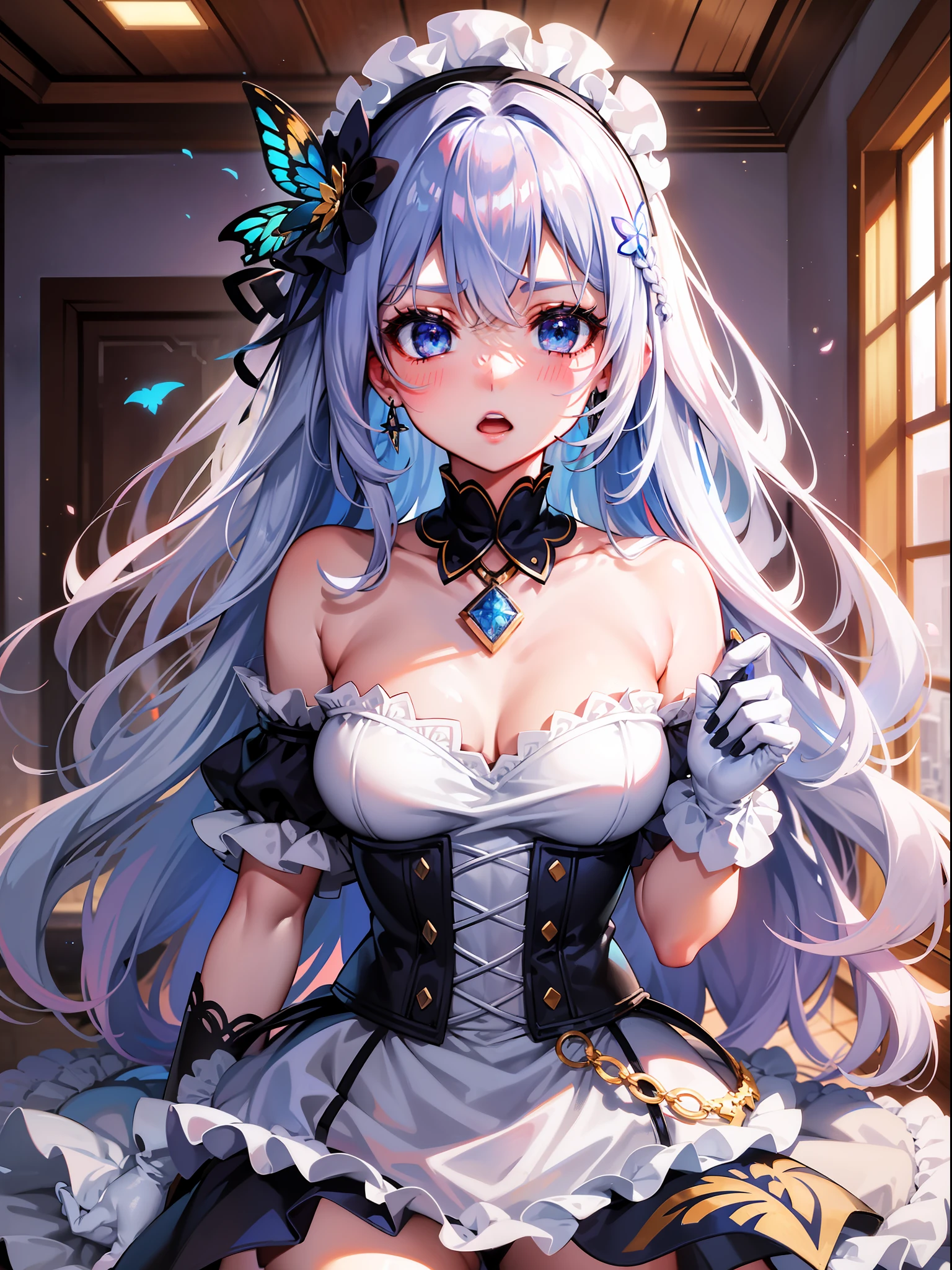 Red hair, light blue eyes, veil, arm cover, medium hair, wig, seductive sparkly blueberry dance costume, white hair, white and yellow cloth, red eyes, black long gloves, super delicate, dream, partially colored, game CG, side boob, solo focus, petite girl, woman, , 5 yearng hair, blue striped hair, parted bangs, eyes visible through the hair, short ponytail, hair intake, gray hair, multicolored hair, flowing hair, girl disgusted face, thoughtful, V-shaped eyebrows, bright eyes, blue ears, parted lips, delicate hands, flat chest, belly, blond eyes, white skin, red ribbon, iridescent jewelry hat, UHD, retina, masterpiece, accurate, anatomically correct, textured skin, super detail, high detail, high quality, award-winning, top quality, high resolution, 1080p, HD, 4K, 8K, 16K, cute & girly (idolmaster), long hair, open mouth, thighhighs, blue eyes, gloves, skirt, jewelry, bare shoulders, idolmaster, indoors, thick thighs masterpiece++, ultra-detailed++, pixiv++, best shadows++, best lighting++, best quality++, cinematic shot, rim lightning, 1girl, jewelry, solo, blue eyes, hair ornament, looking at viewer, ring, braid, bangs, blue nails, flower, blue butterfly, earrings, white hair, hair between eyes, blue flower, butterfly, parted lips, nail polish, bug, long hair, butterfly hair ornament, hair flower, hat, blush, crossed bangs, blue theme, portraitmasterpiece++, best quality++, ultra-detailed+, kawaii++, cute, lovely+, ilustration++, (chibi)+++, baby, (focus background), flower field, beautiful sky, full moon, moonshine, moonrise, sunrise, sunshine, starry sky, picnic, tablecloth, cakes, food, cups, tree, petals in the hair+++, fireflies++, snow, mountain+, a cute girl, beautiful blue eyes++, beautiful white hair++, long hair++, (complex mini-skirt)++, flo