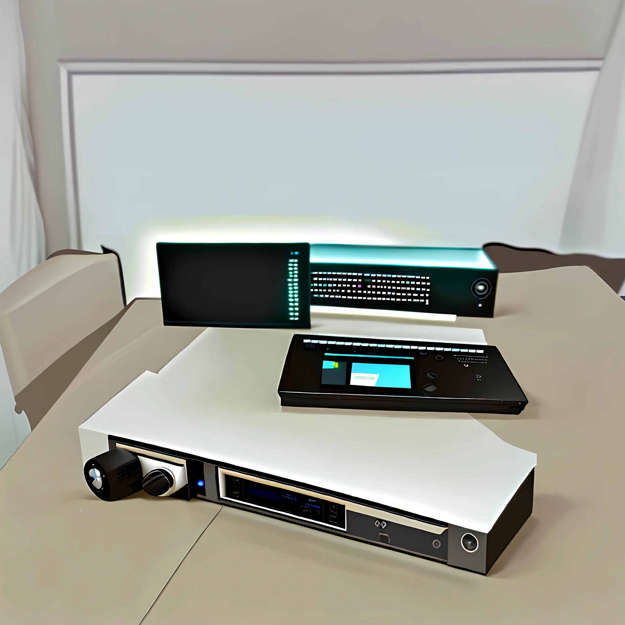 A mini voice recorder on the table, give this voice recorder a close-up, the desktop has a little bit of the usual table decoration, the overall bright style.