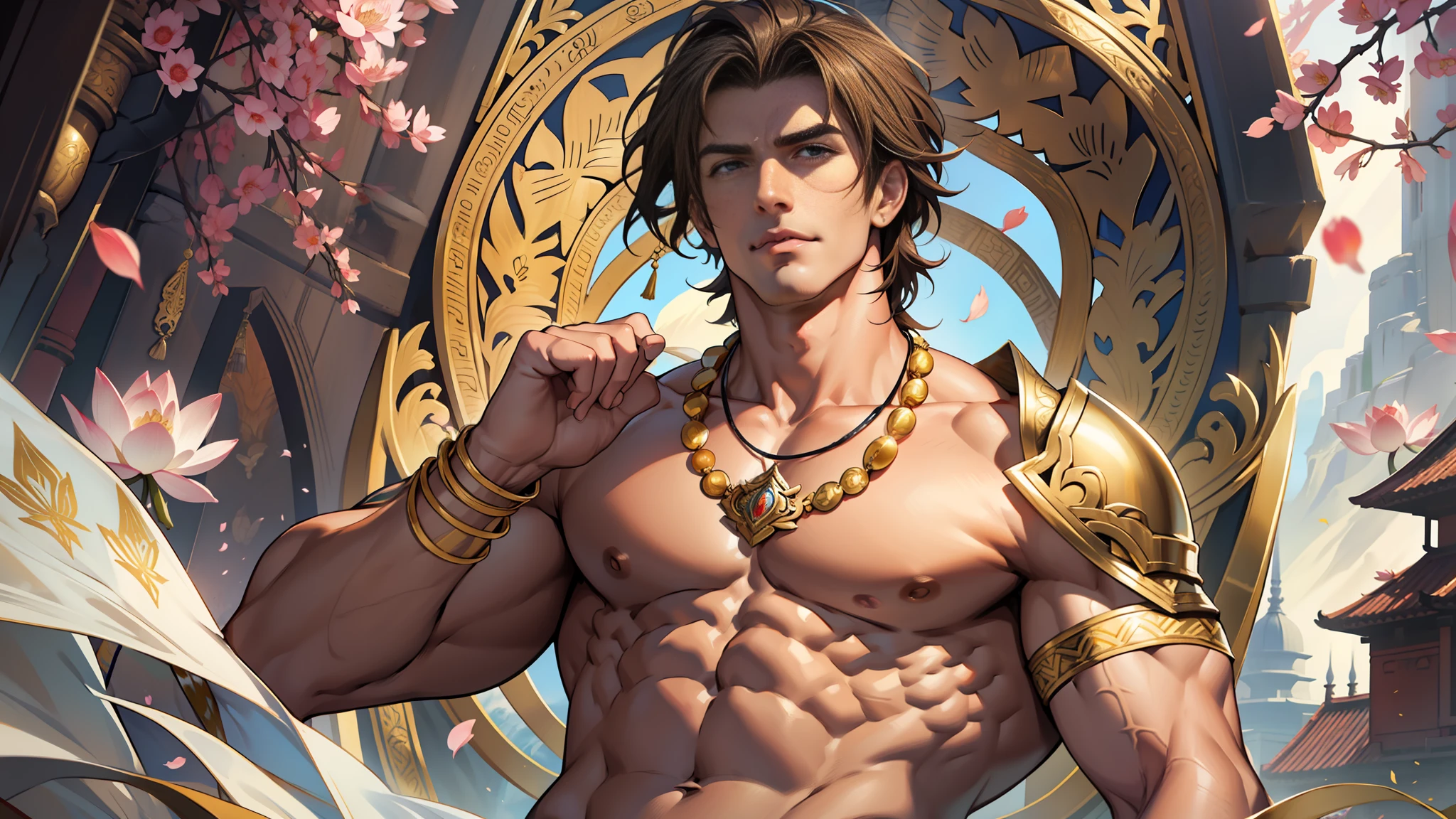 1 fit muscular body man with chiseled upper body and abs, handsome. Necklace. White Royal Clothes. Visible chest and abs. Lotus petals. Indian aesthetics. Brown hair. Gold shoulder armor. Flowing fabrics and windy day.