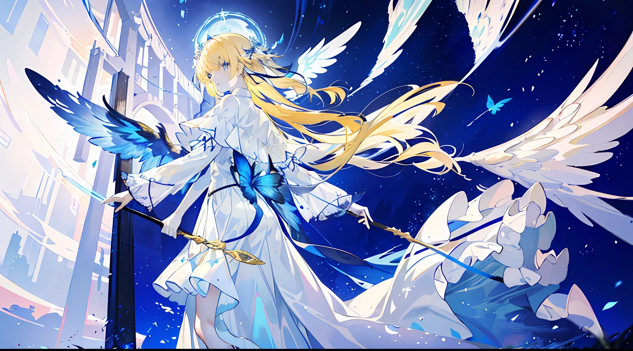 A that captures the beauty and mystery of these celestial bodies, angelic, pale, glowing, complexion, otherworldly, radiant, sparkling, elegant, wings, sacred, ethereal, charming, beautiful, mysterious, full body, long blonde hair, simple dress, long skirt, white and blue color scheme, western medieval style, square, crowd surrounded,