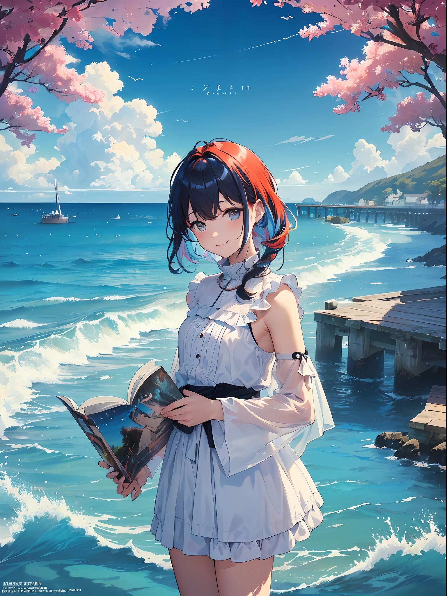 Best quality, (masterpiece, top quality, official art, very detailed, (fractal art: 1.2), clear sky, sea, pier, (1 boy: 1.5), multicolored hair, standing by the sea, looking in the direction of the sea, showing upper body, side face, smile, drink in hand, magazine cover