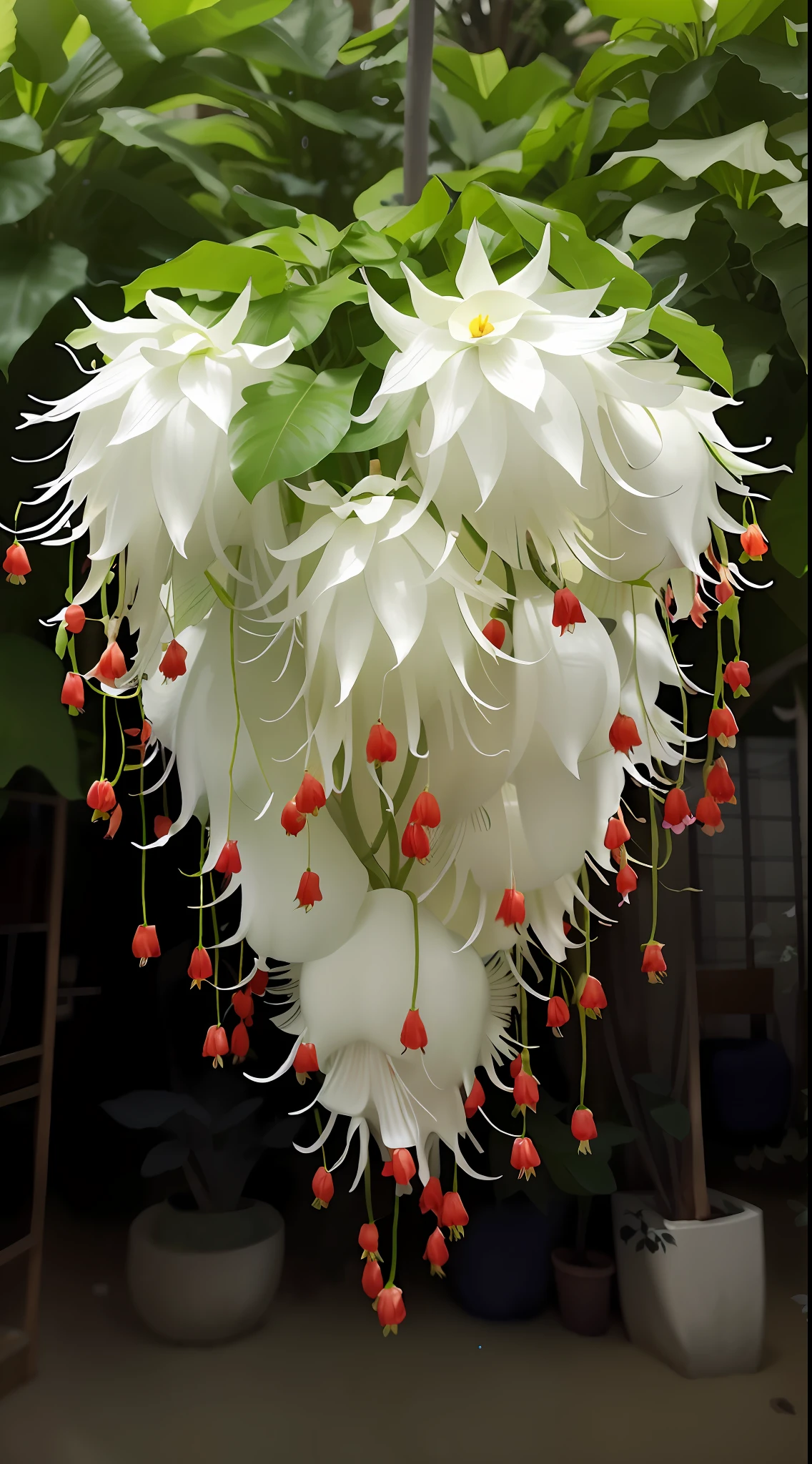 there is a white flower hanging from a tree in a garden, large exotic flowers, exotic alien flora, alien flower, alien plant, surreal alien ribbed white fruit, alien flowers, covered in flame porcelain vine, flowers with very long petals, huge flame fantasy plant, flowering vines, unbelievably beautiful, huge flowers, alien flora, huge blossoms, staggering in its beauty