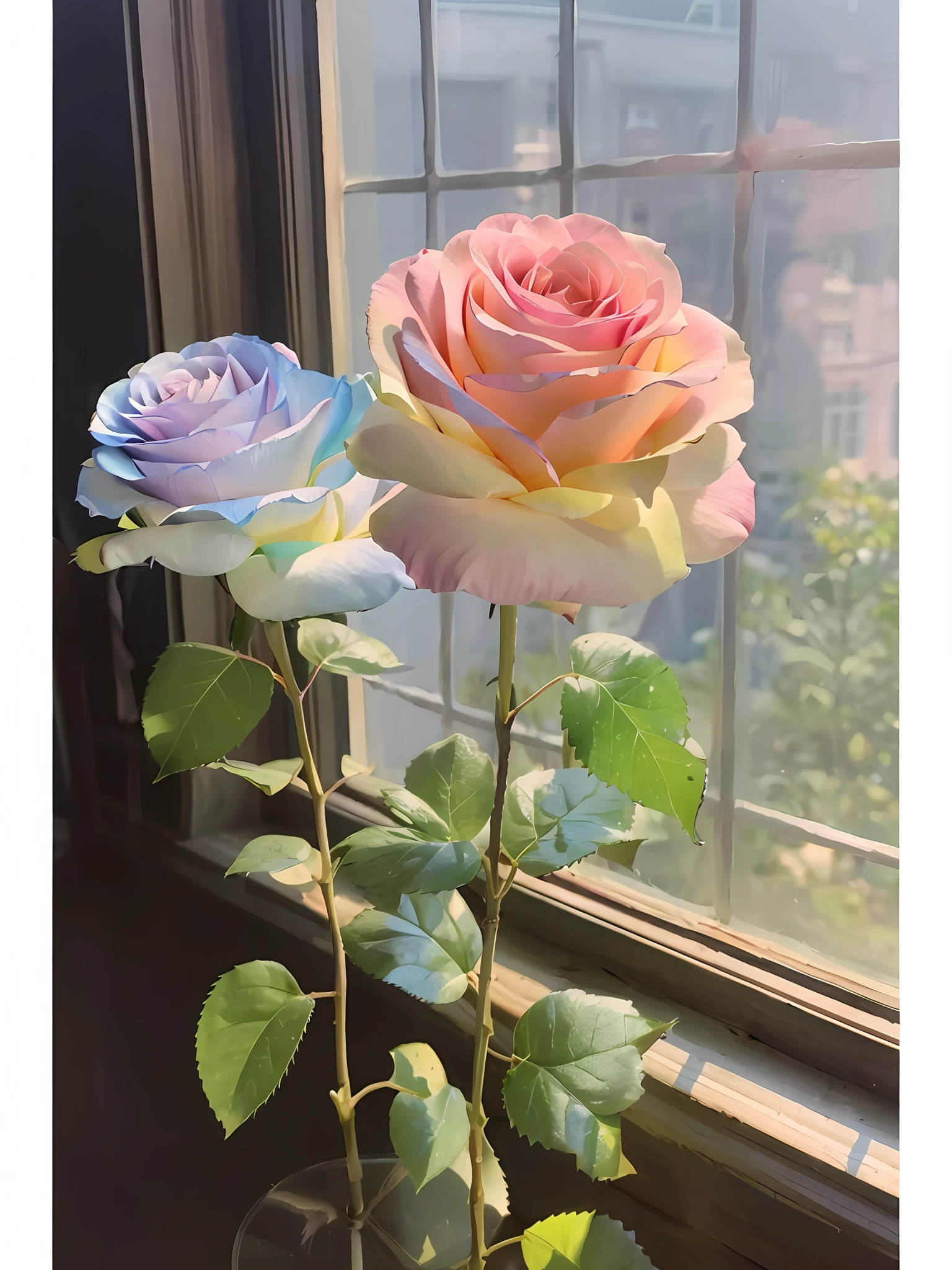 there are two roses in a vase sitting in front of a window, melanchonic rose soft light, 中 元 节, pastel roses, ( ultra realistic ), natural point rose', rainbow gradient bloom, 中 国 鬼 节, 🎀 🗡 🍓 🧚, rose, very very realistic, 王琛