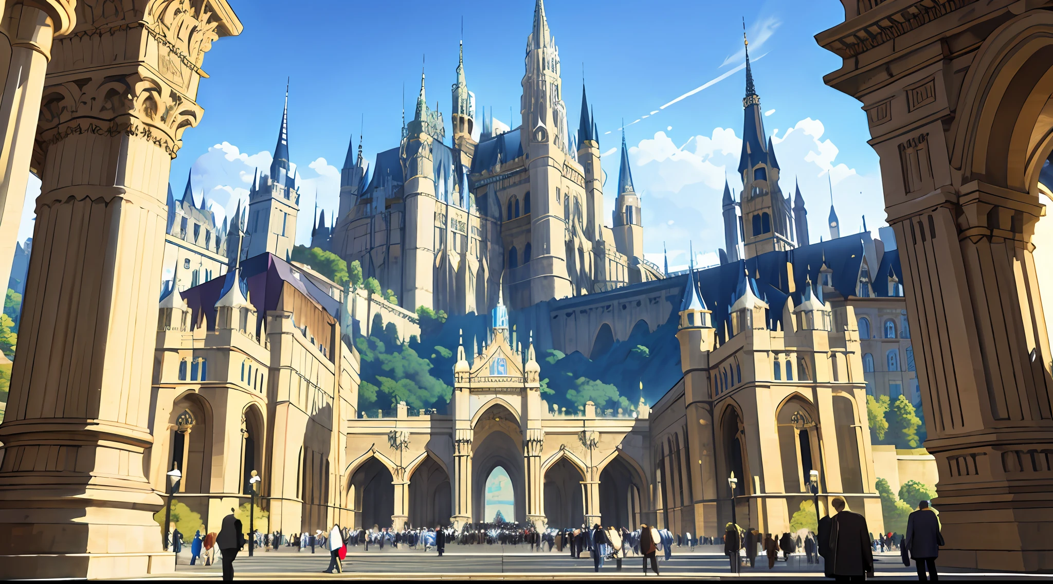 Magnificent, tall, European-style architecture, palaces, castles, resplendent, bustling, squares, crowds, lively, medieval style