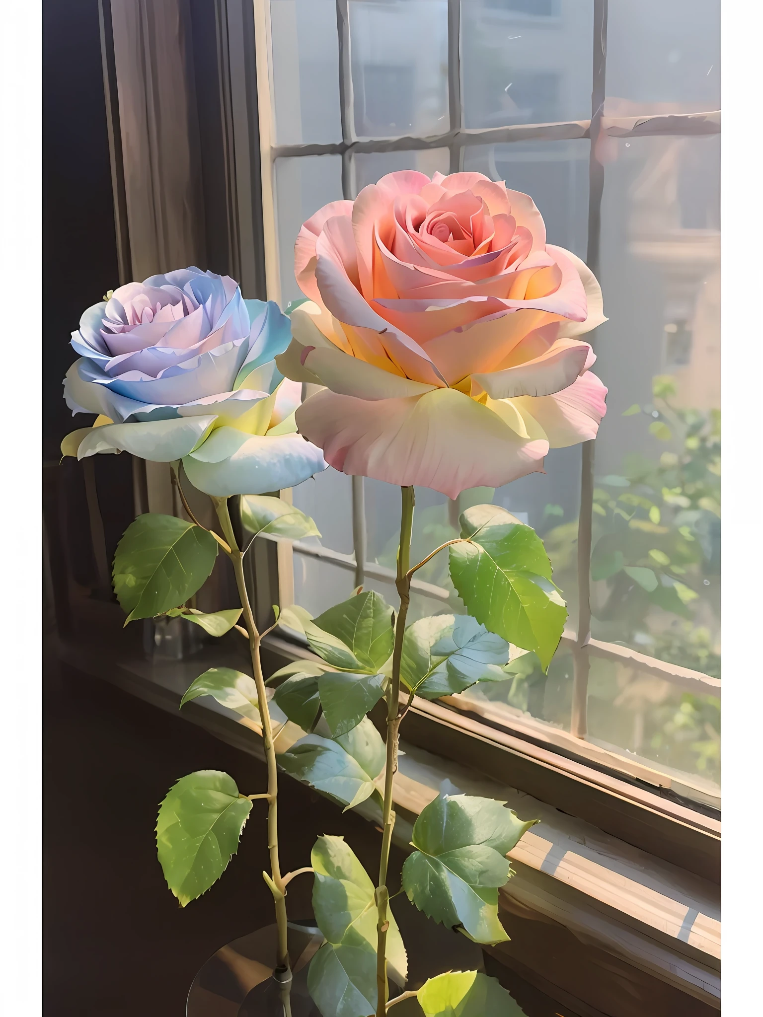 there are two roses in a vase sitting in front of a window, melanchonic rose soft light, 中 元 节, pastel roses, ( ultra realistic ), natural point rose', rainbow gradient bloom, 中 国 鬼 节, 🎀 🗡 🍓 🧚, rose, very very realistic, 王琛