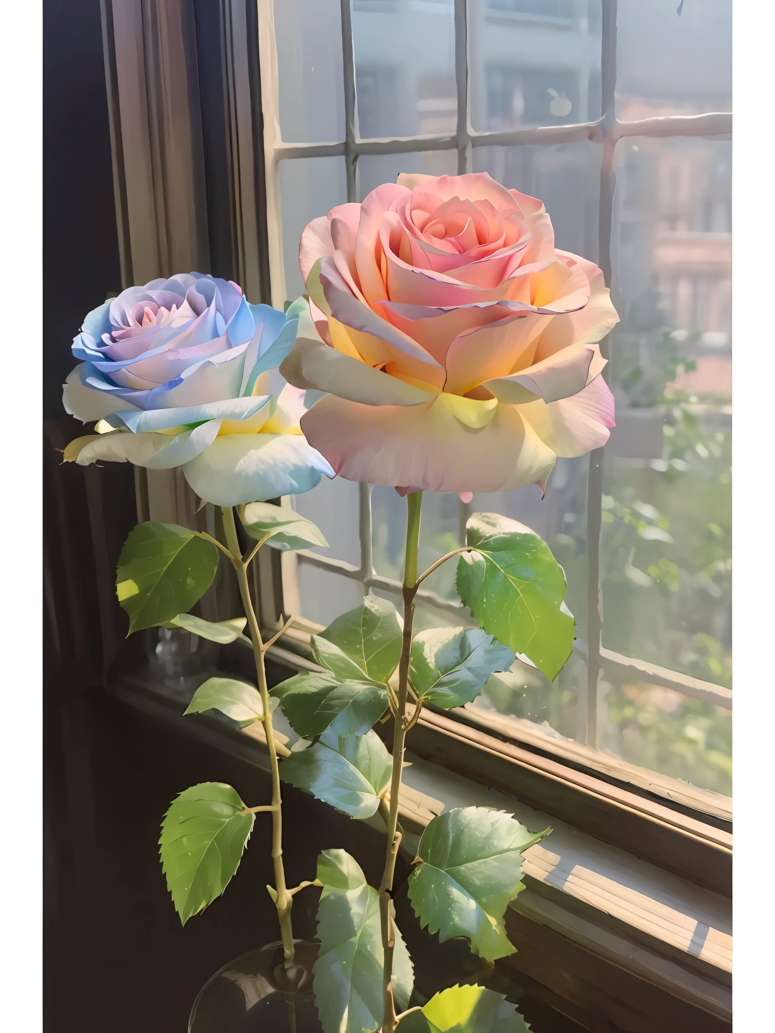 there are two roses in a vase sitting in front of a window, melanchonic rose soft light, 中 元 节, pastel roses, ( ultra realistic ), natural point rose', rainbow gradient bloom, 中 国 鬼 节, 🎀 🗡 🍓 🧚, rose, very very realistic, 王琛