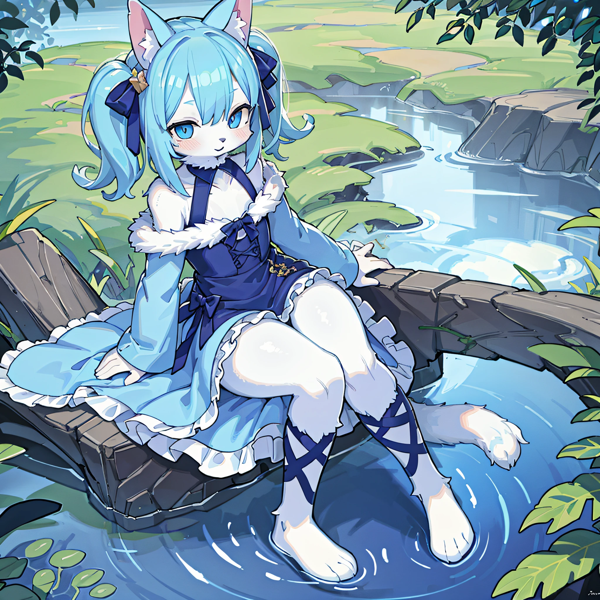 ((masterpiece, best quality)),furry, animal ears, tail, bodyfur,
(ultra-detailed), (illustration), (ultra highres), (delicate illustration), (hyper detailed),1girl, blue_dress, blue_eyes, blue_hair, blush, dress, long_sleeves, outdoors, pond, short_hair, sitting, soaking_feet, solo, twintails, two_side_up, water