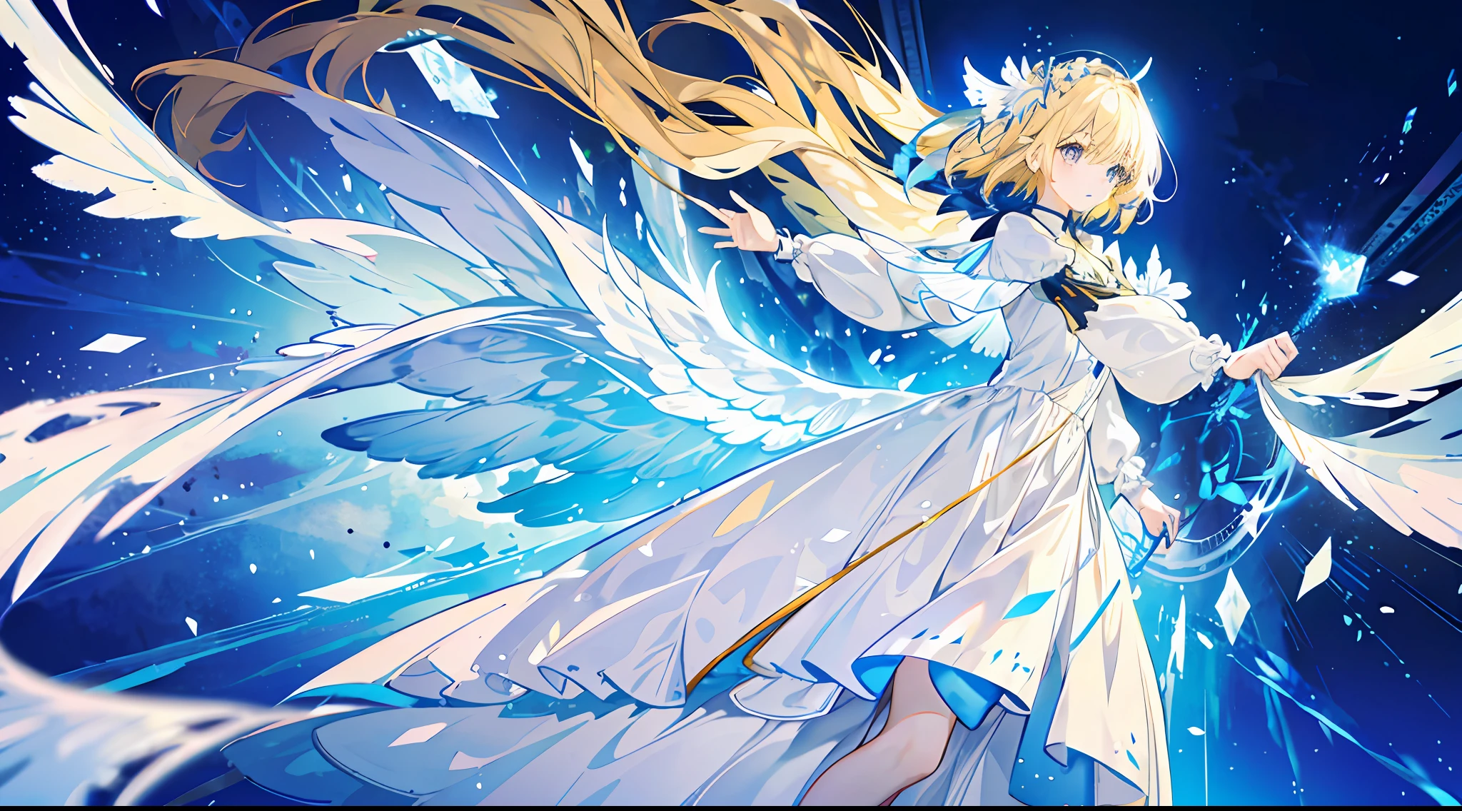A , beautiful, otherworldly, elegant, full body, long blonde hair, simple dress, white and blue long dress, surrounded by light, angel wings, streamer