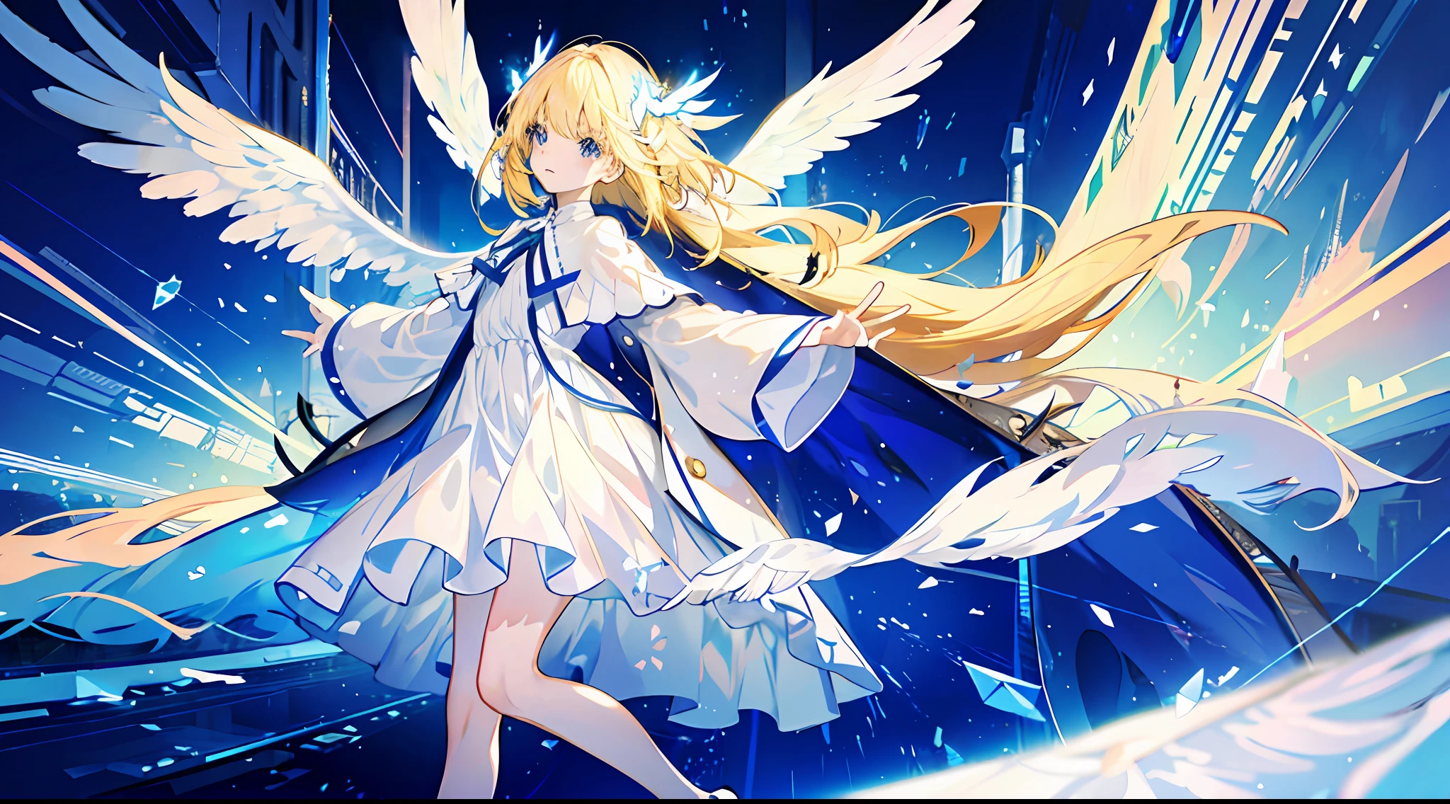 A little girl, beautiful, otherworldly, elegant, full body, long blonde hair, simple dress, white and blue long dress, surrounded by light, angel wings, streamer