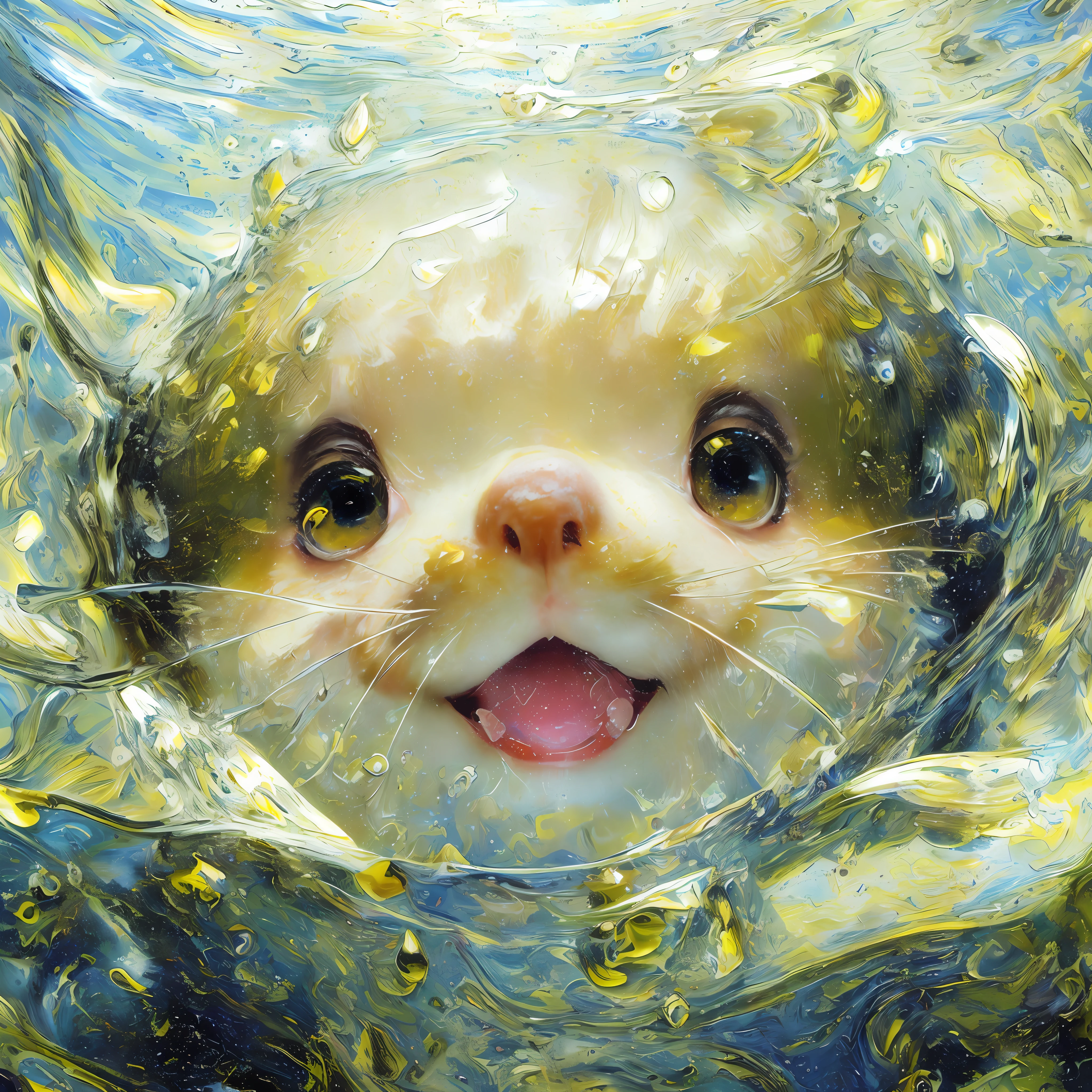 A little hamster swimming underwater, eyebrows, smile, fantasy in Katsuhiro Otomo style, in realistic hyper-detail rendering style, glow, yellow blue, ultra-realistic oil painting, head close-up, exaggerated perspective, Tyndall effect water drops, pearlescent mother, holographic white, realistic--s400