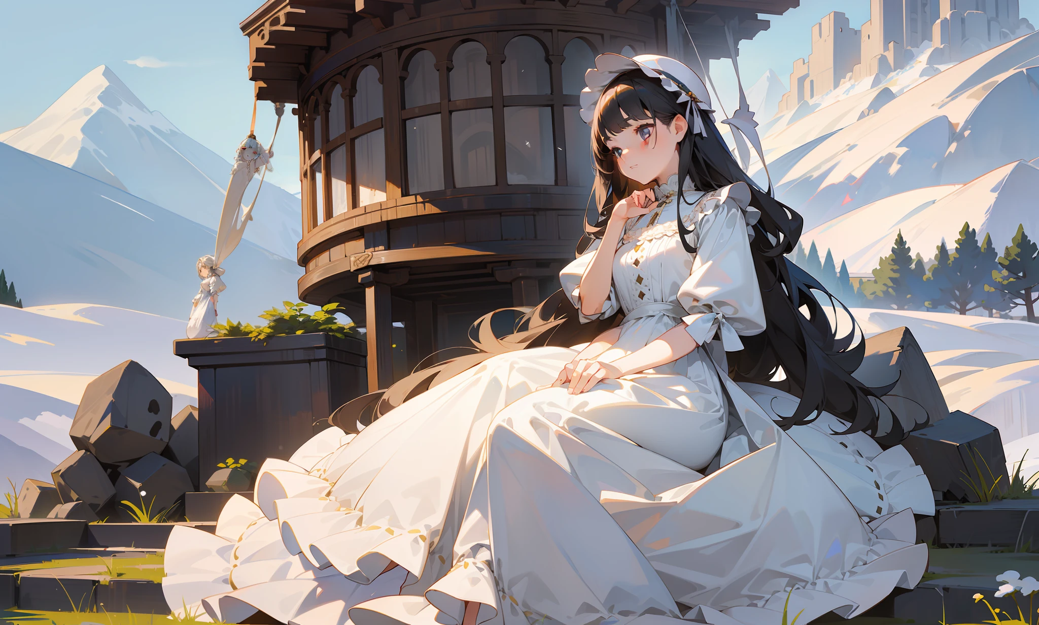 A girl, (full body: 1.8), intricate Lolita long dress, cotton dress, (exact hand structure: 1.1), (healthy limbs), reduced purity, (best quality: 1.1), magnificent snowy mountain background, classic beautiful hairstyle, cute face shape, beautiful face, very fine details, dynamic nature, masterpiece, best quality,