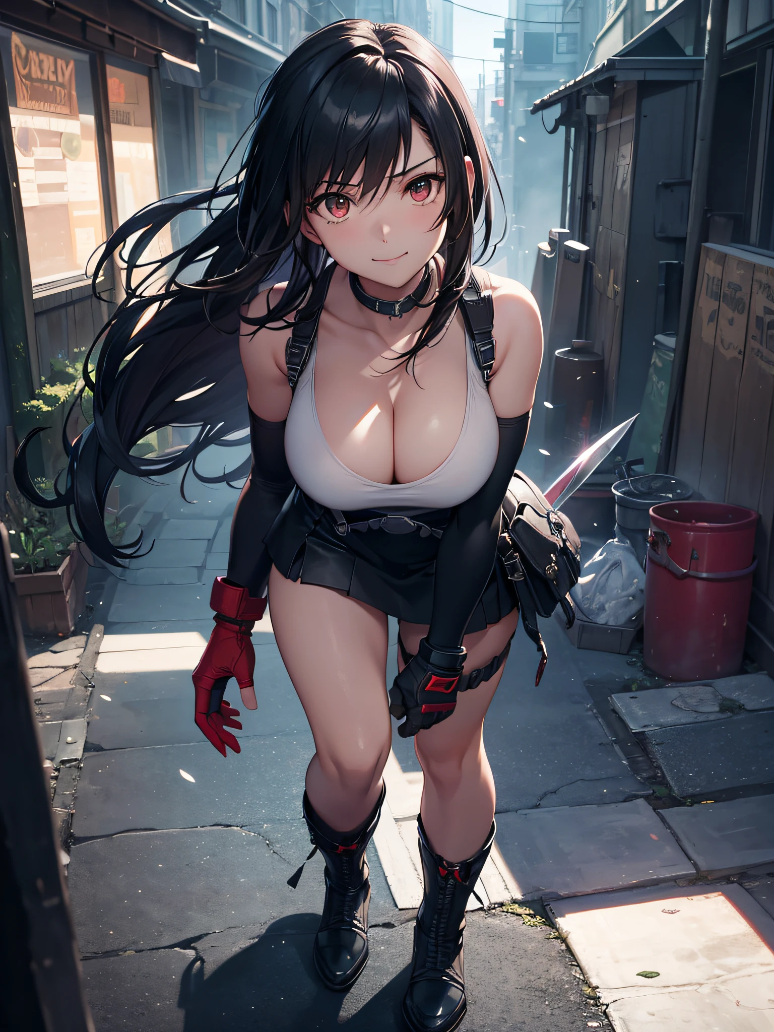 (8K, Best Quality, Masterpiece: 1.2), (Realistic, Photorealistic: 1.37), Super Detail, One Girl, Cute, Solo, (Tifa Lockhart), (Big Breasts), (Beautiful Eyes), (Smile: 1.2), (Closed), Model Pose, Green Light Neon, Cityscape, Depth of Field, Dark and Strong Shadows, Sharp Focus, Motion Blur, depth of field, composition, Final Fantasy VII, dating, (nose brush), single elbow pads, ankle boots, black hair, red boots, elbow gloves, elbow pads, fingerless gloves, sports bra, black skirt (suspenders), white tank top: 1.5, full body, headrest, beautiful face, low tie long hair, (red_eyes), (night: 1.3), complex, cinematic lighting, photon mapping, radiosity, physically based rendering, (Tetsuya Nomura style), perfect breast, cleavage: 1.2,