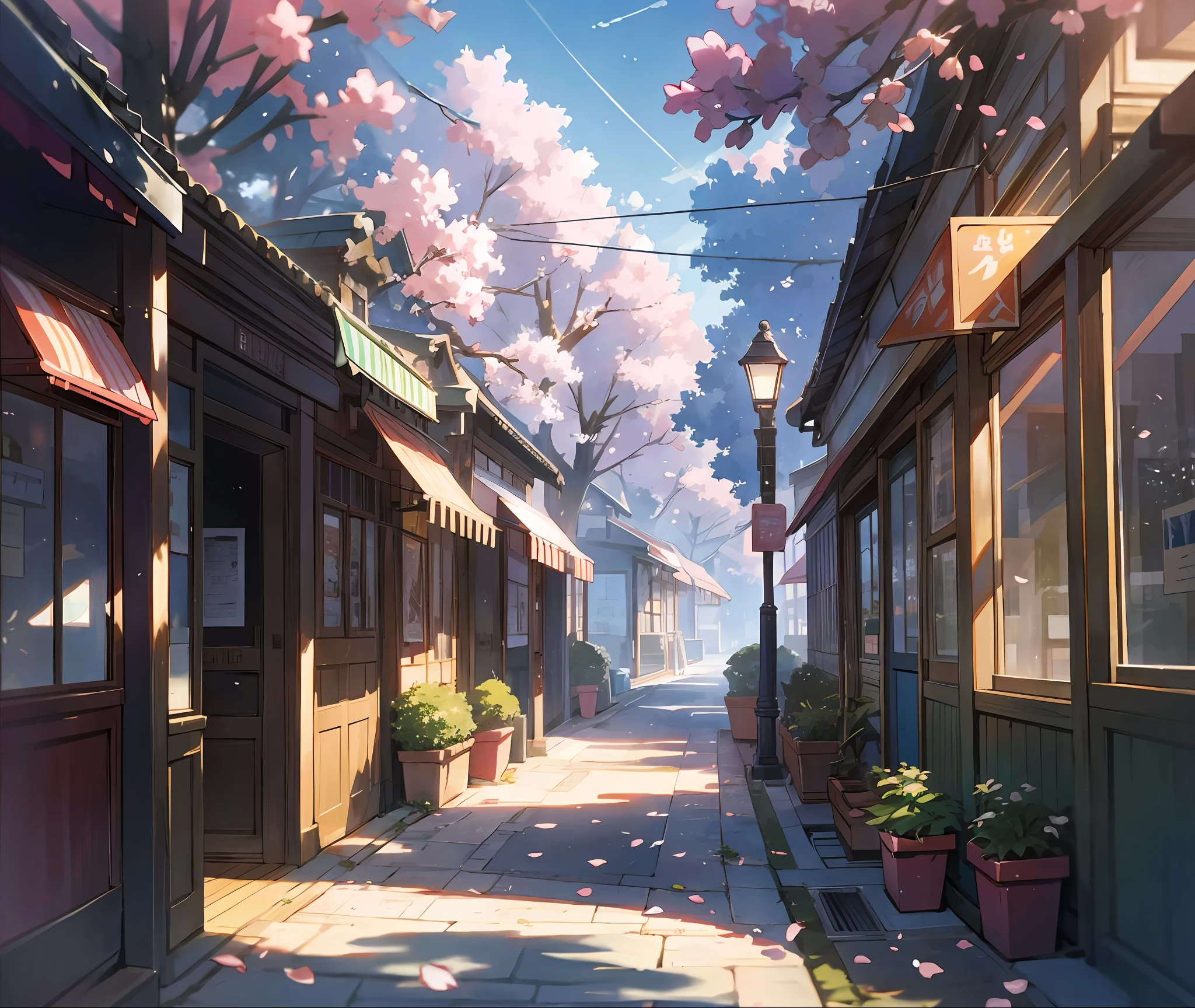Spring, no humans, cherry blossoms, afternoon light, sunlight through trees, young leaves, boulevard, warm atmosphere, small shops, Makoto Shinkai concept art, tumbler, magic realism, beautiful anime scene, space sky. Makoto Shinkai, ((新海誠)), anime background art, anime background, Makoto Shinkai's style, anime movie background, no human.