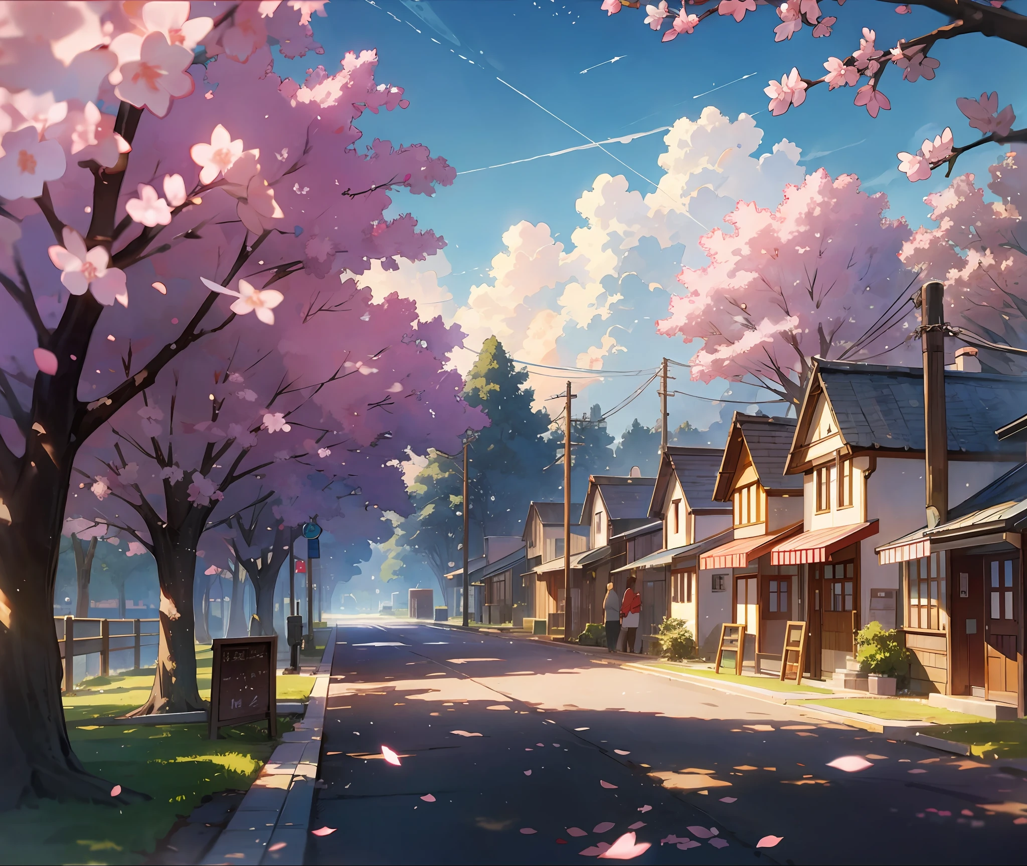 Spring, no humans, cherry blossoms, afternoon light, sunlight through trees, young leaves, boulevard, warm atmosphere, small shops, Makoto Shinkai concept art, tumbler, magic realism, beautiful anime scene, space sky. Makoto Shinkai, ((新海誠)), anime background art, anime background, Makoto Shinkai's style, anime movie background, no human.