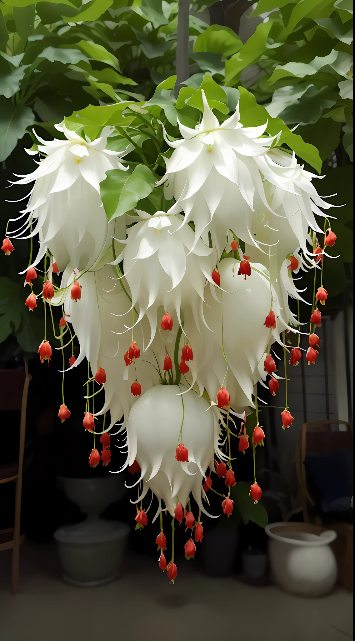 there is a white flower hanging from a tree in a garden, large exotic flowers, exotic alien flora, alien flower, alien plant, surreal alien ribbed white fruit, alien flowers, covered in flame porcelain vine, flowers with very long petals, huge flame fantasy plant, flowering vines, unbelievably beautiful, huge flowers, alien flora, huge blossoms, staggering in its beauty