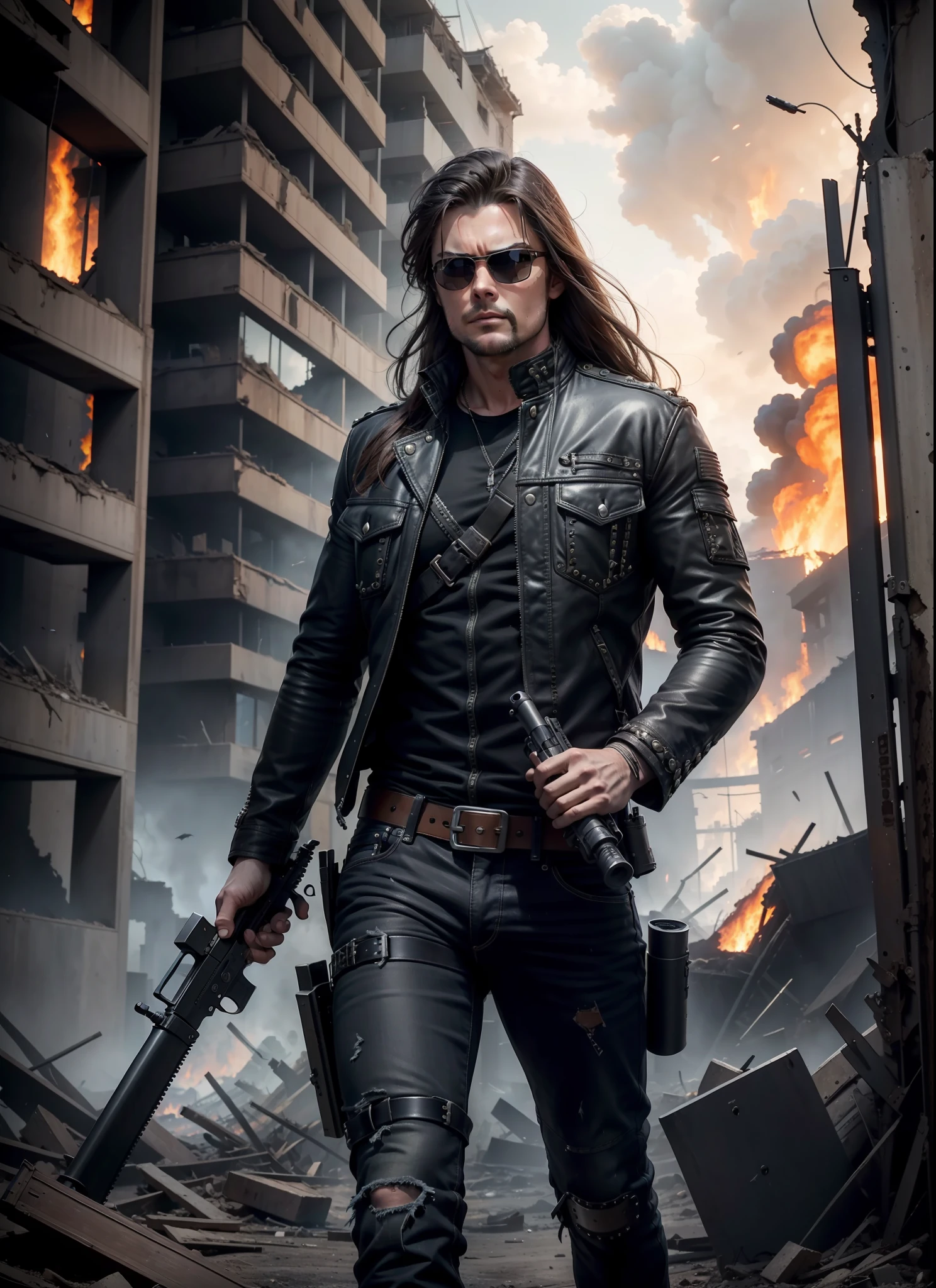karl urban, long hair, sunlasses, jeans, 1 belt, holster, rivets, long black jacket, just one body, big gun in the hands, in the ruins, explosions behind, fire behind, front view, movie poster