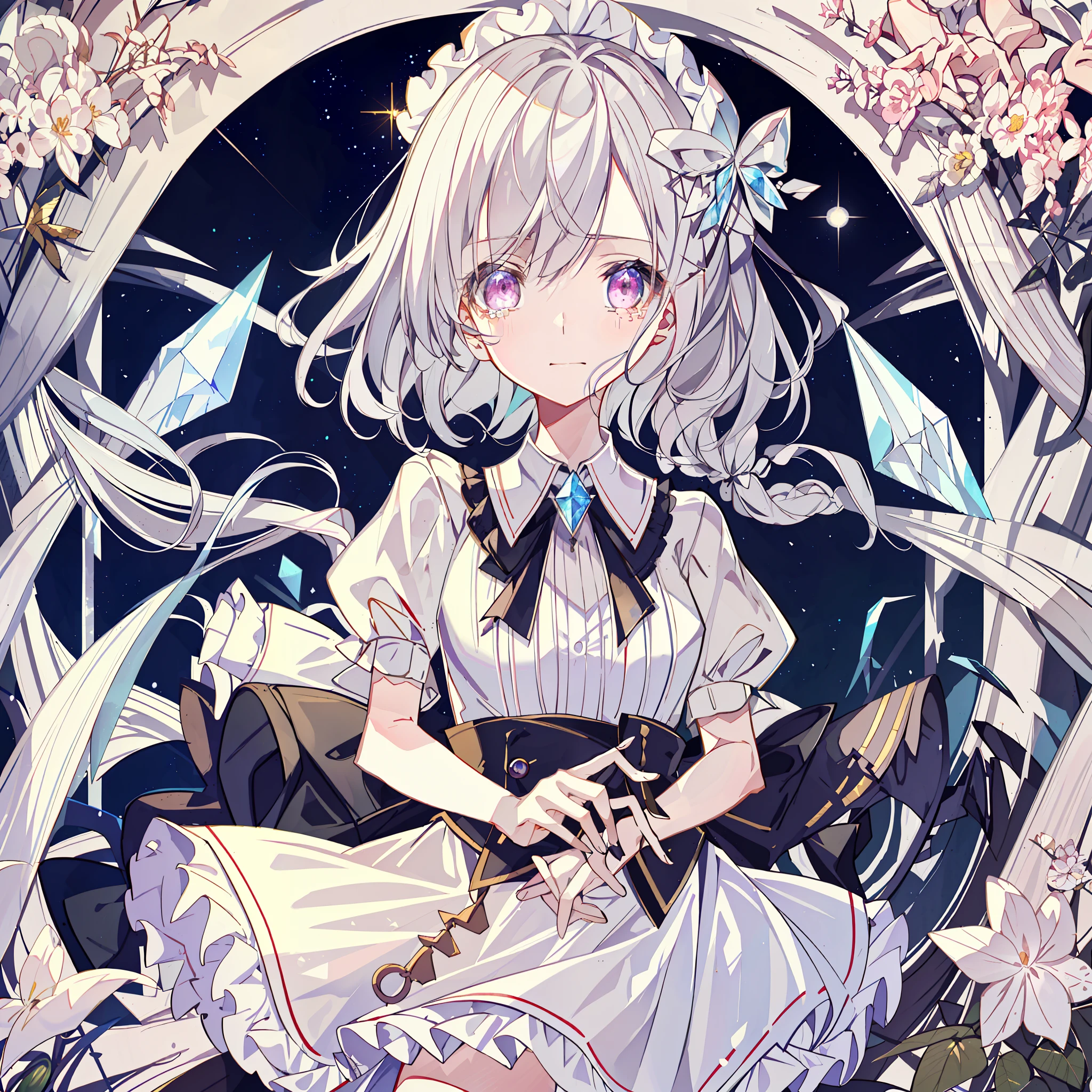{{{{Masterpiece}}}}, {{Best Quality}}, {Official Art}}}, {Very detailed CG Unity 8k wallpaper}}}, {{{Art book}}}, 1 girl, gray hair, pink eyes, center frills, diamond (gemstone), short hart, sideburns, shiny hair, wavy hair, floating hair, hair strands, mouth veil, background with glass and flowers, white dress, crystal, big space, beautiful details anything, beautiful detail face, beautiful detail eyes, Beautiful detailed background, cute li, lo face, cute face, white theme, thin skirt, layered dress, sun dress, white butterfly, diamond world, crystal flower, eyes, ice theme, falling,sad face,tears,blue and white crystal background