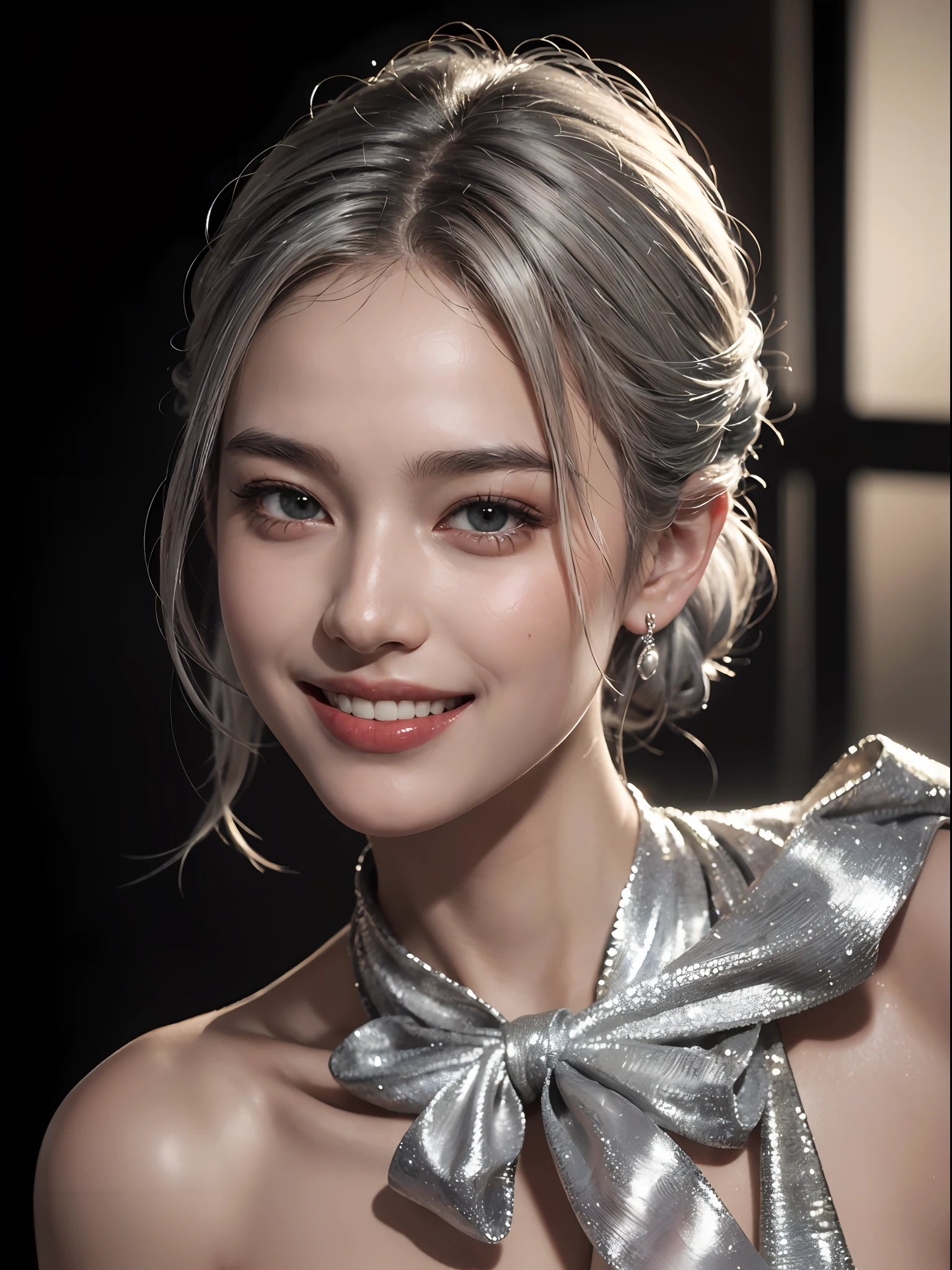 Best quality, masterpiece, ultra high res, (photorealistic:1.4), raw photo, 1girl, silver hair, Formal Updo,shiny skin, dramatic lighting,(smile:1.2)