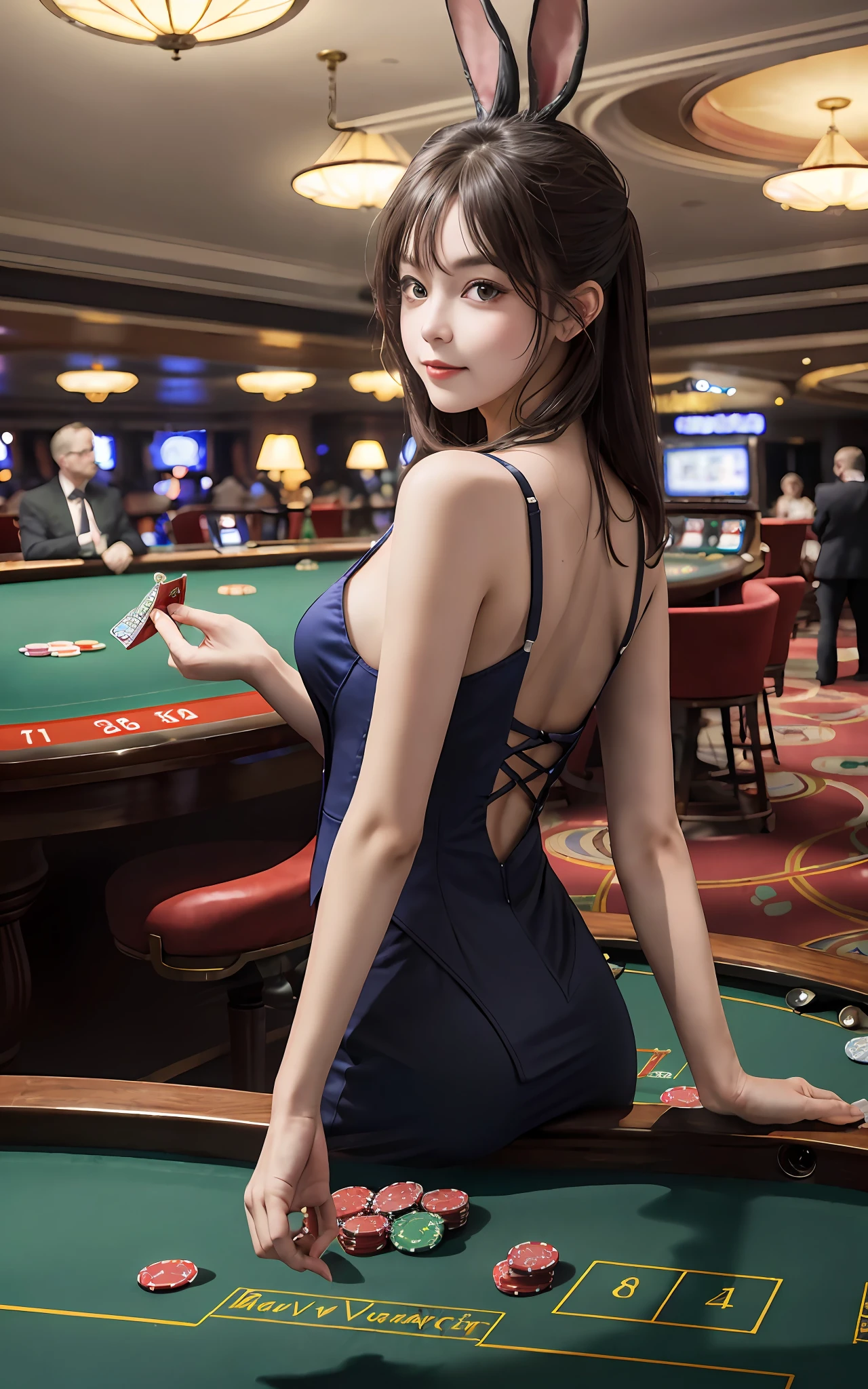 (8k, RAW photo, best quality, masterpiece:1.2), ((distant view)), romantic casino interior, people playing roulette, bunny girl, gambling, landscape, overall blur