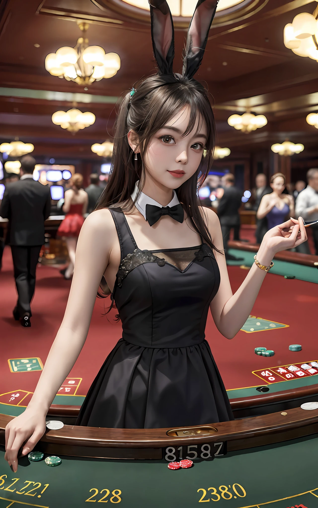 (8k, RAW photo, best quality, masterpiece:1.2), ((distant view)), romantic casino interior, people playing roulette, bunny girl, gambling, landscape, overall blur
