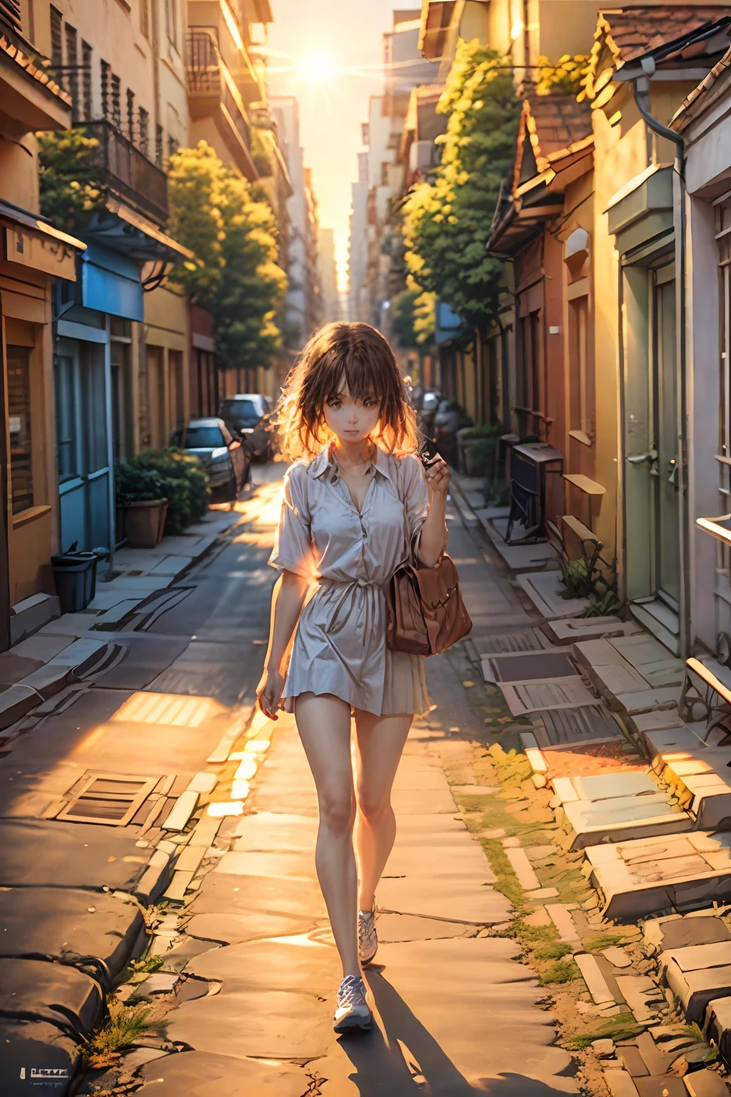 A 23-year-old girl, walking alone in an alley, coming home from get off work, wearing white office clothes, the top of her clothes is unbuttoned, looks tired and weak, her hair is a little messy, but there is a slight smile on her lips, holding a briefcase, there is a cat on it, a trash can, and a few parked bicycles, the sunset rays look perfect with her golden light behind,  The sky is orange, but still blue on the closest side, the photo was taken from a lower corner close to the alley floor