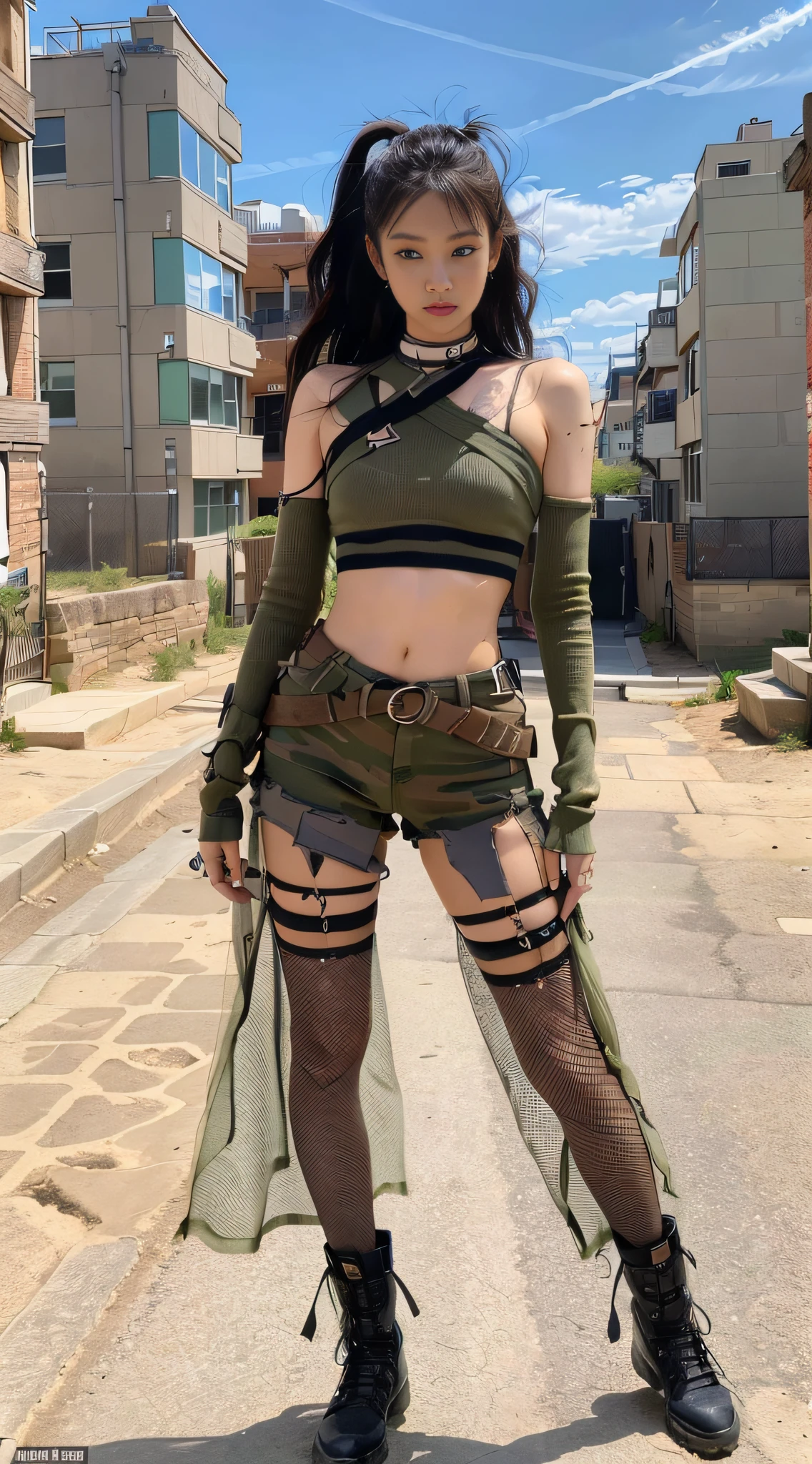 (1girl:1.3), Solo, __body-parts__, Kim Ji-ni Jennie Face, Kim Ji-ni Jennie Face, Kim Ji-ni Jennie Face, Wasteland Punk Style, Knitted Khaki Deconstructed Top, Straps, Hero Character, Ruins Background, Sand, Full Body Shot, 8K Resolution Image, Intricate Symmetrical Details. The whole picture is invincible and heroic, mainly a complete picture of a woman standing all over her body, with smooth movements and a confident expression.