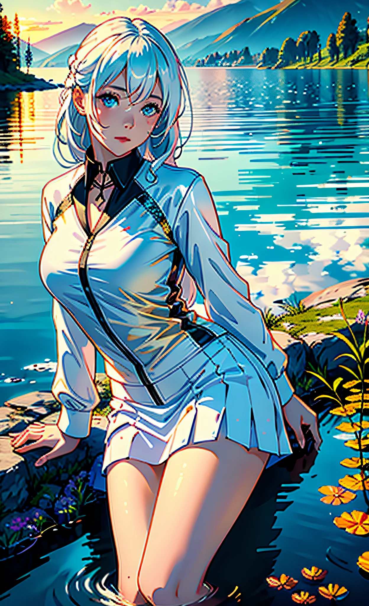 1 girl, calm expression, charming eyes, flowing white hair, flowing skirt, calm posture, porcelain-like skin, subtle blush, crystal pendant BREAK Golden Hour, (edge lighting): 1.2, warm tones, sun flare, soft shadows, vivid colors, painting effect, fantastic atmosphere BREAK scenic lakes, distant mountains, willows, calm water, reflection, sunlit clouds, peaceful atmosphere, idyllic sunset, sexy plump White leather jacket ultra-detailed, official art, unified 8k wallpaper, zentangle,