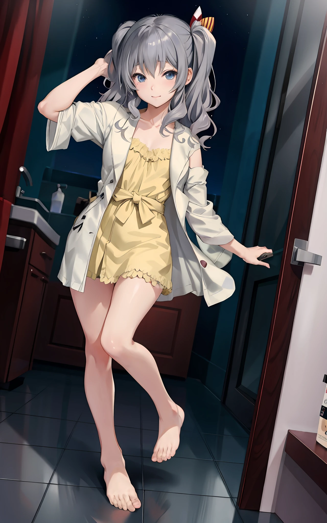 ((Big anime girl posing in hotel bathroom)), (((Night view))), (Twin tails)), (Wearing a bathrobe with wide open chest)))), ((Hands open the chest of the bathrobe))), ((Barefoot)), Seductive anime girl, best anime 4K wallpapers, perfect gray hair girl, charming anime girl, 4k anime wallpapers, 4K Manga wallpapers,, detailed digital anime art, best girls of anime, beautiful anime girls, detailed anime artwork, beautiful attractive anime women