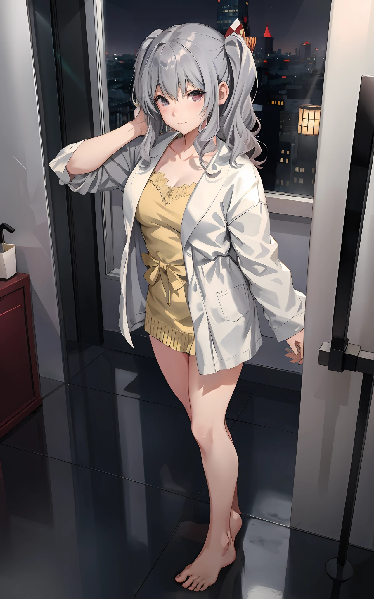 ((Big anime girl posing in hotel bathroom)), (((Night view))), (Twin tails)), (Wearing a bathrobe with wide open chest)))), ((Hands open the chest of the bathrobe))), ((Barefoot)), Seductive anime girl, best anime 4K wallpapers, perfect gray hair girl, charming anime girl, 4k anime wallpapers, 4K Manga wallpapers,, detailed digital anime art, best girls of anime, beautiful anime girls, detailed anime artwork, beautiful attractive anime women