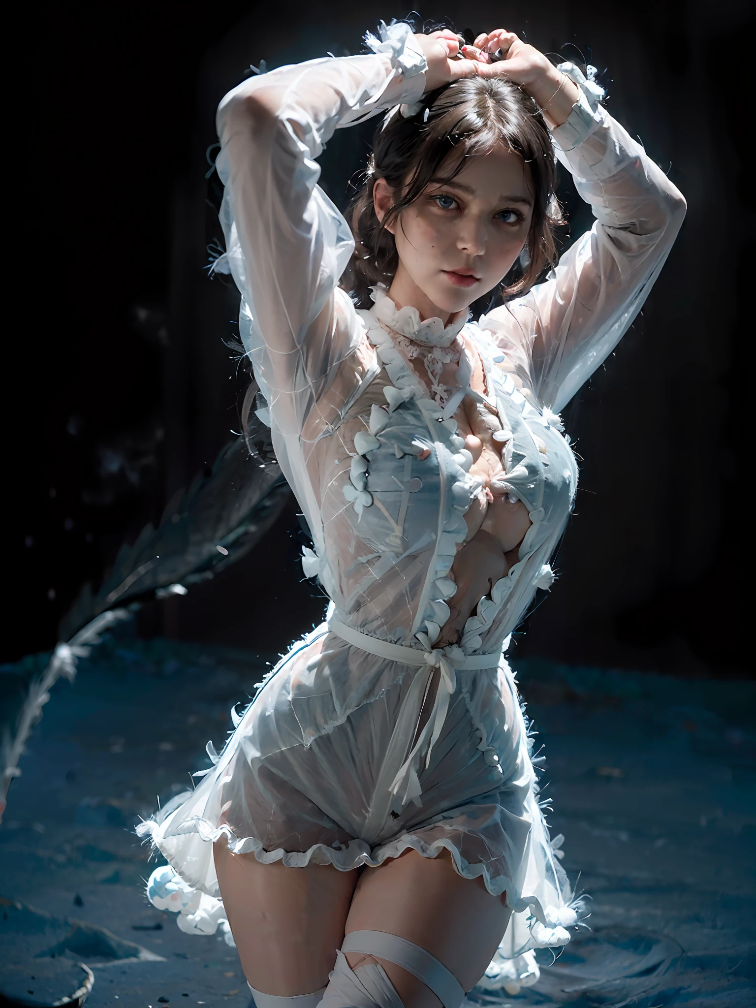 (a detailed full body RAW photo of a hungarian girl), solo, (masterpiece:1.0), (best quality:1.4), (ultra highres:1.2), (photorealistic:1.4), 8k resolution, absurdres, ultra detailed, sharp focus, cinematic lighting
(ultra detailed beautiful face), (detailed big blue eyes:1.2), (ulzzang-6500-v1.1), (Emma Watson:0.7), (spreading legs:1.3), (arms up:1.4)
(see-through silhouette:1.8)
((detailed:1.6)(distinct:1.6)shape of(puffy:1.6)vulvas:1.6), wearing(white lace semi-transparent dress with lace crotch:1.4), (clear silhouette of breasts, detailed wet pale skin texture), (skinny and fit body:1.3), detailed long messy chestnut hair, (sunset on Mexican beach), (sunset:1.2), waves, detailed background, sunshine, seductive sight