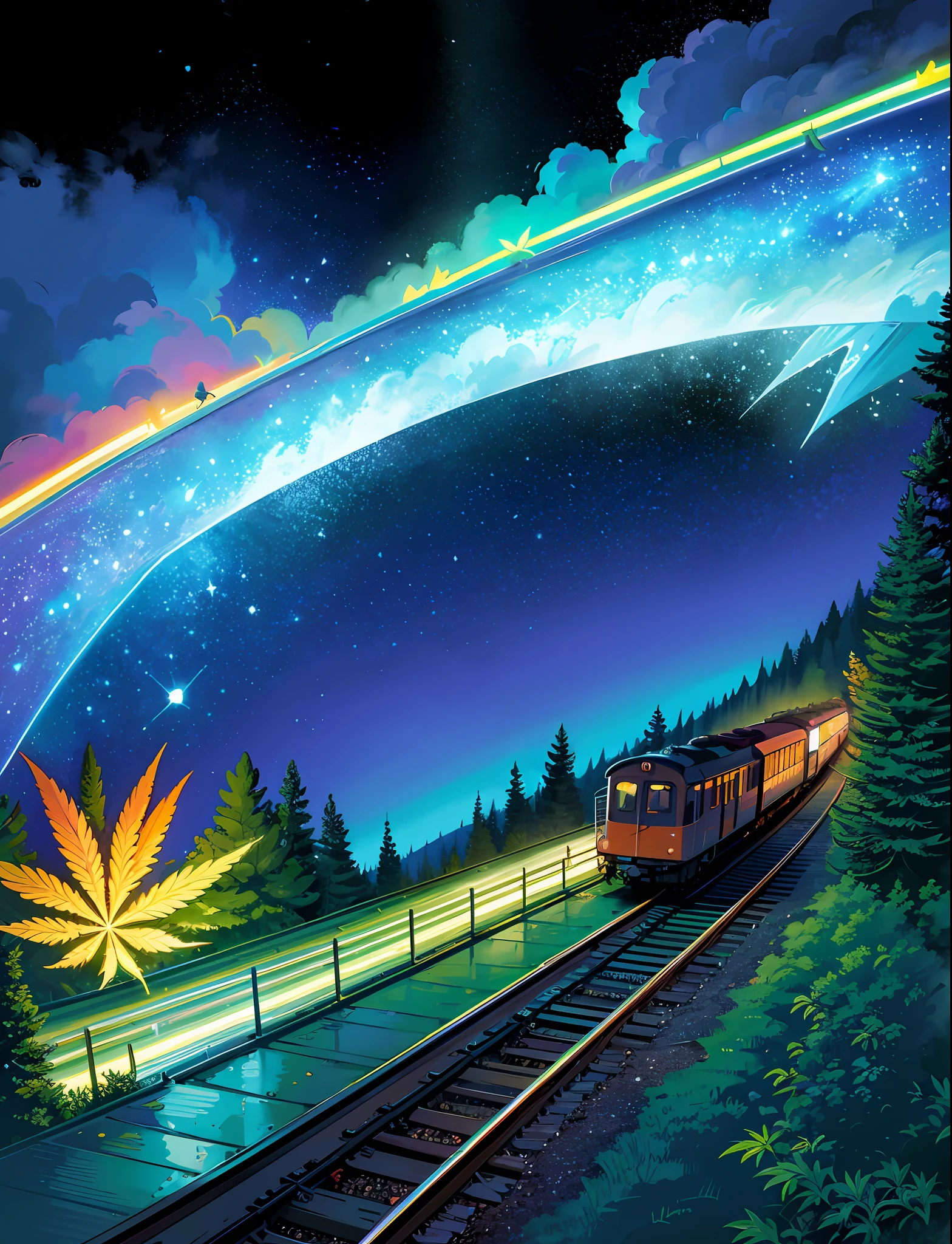 A steep chic train on a wet road. ,neon lights, neon galaxies, huge crystal moon, starry sky,,happy, peaceful, , in love Hemp, leaf,marijuana,cannabis,((illustration)), colorful, wallpaper, energy, secret,