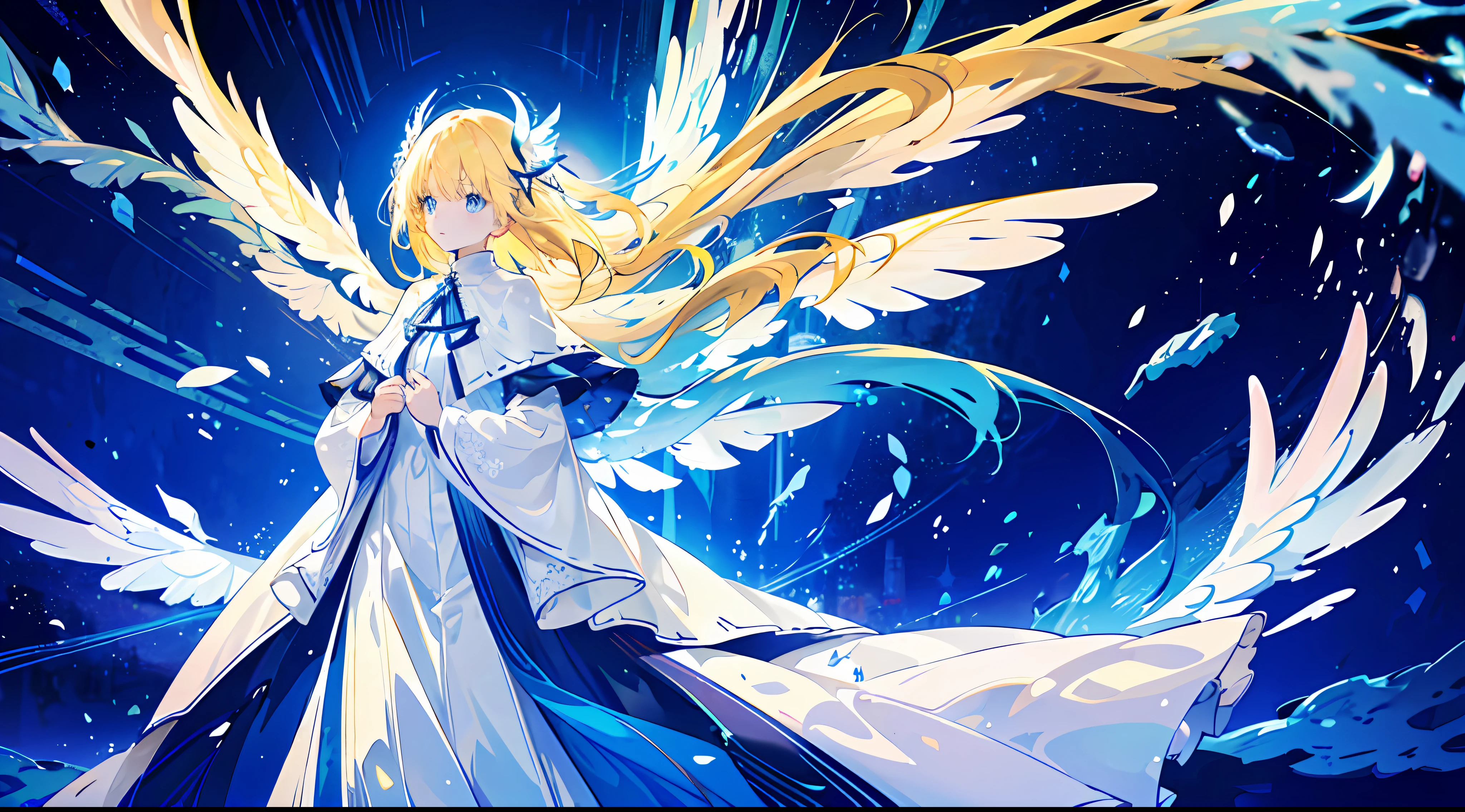 A , beautiful, glowing complexion, otherworldly, radiant, sparkling, elegant, wings, sacred, charming, beautiful, mysterious, full body, long blonde hair, simple dress, long skirt, white and blue color scheme, western medieval style, square, crowd surrounded,