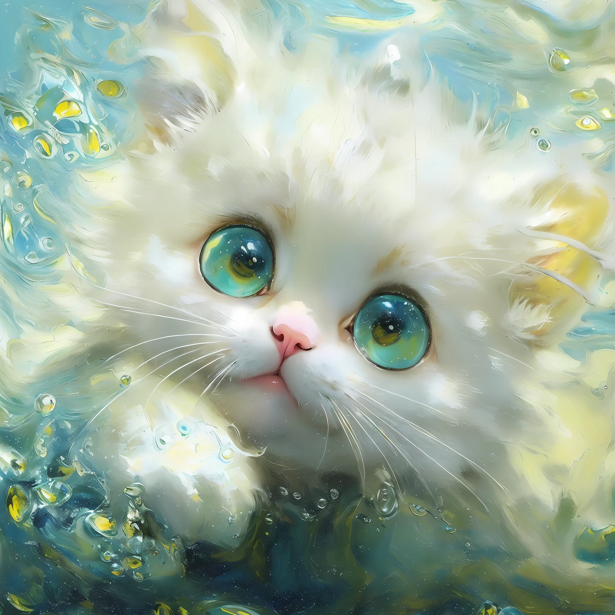 A little white kitten swimming underwater, eyebrows, smile, fantasy in Katsuhiro Otomo style, in realistic hyper-detail rendering style, glow, yellow blue, ultra-realistic oil painting, head close-up, exaggerated perspective, Tyndall effect water drops, pearlescent mother-color, holographic white, realistic---s400