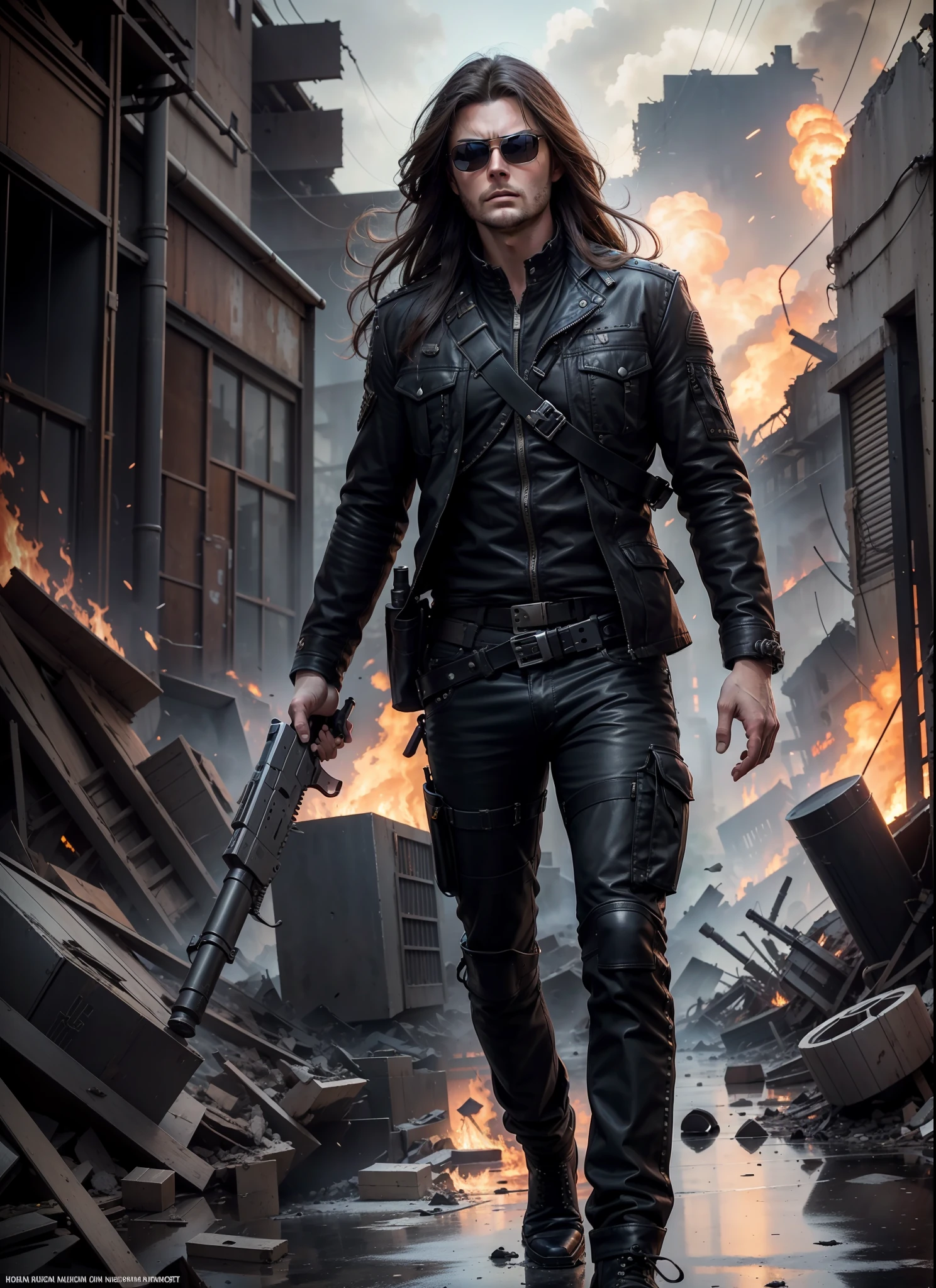 Karl Urban, Long Hair, Sunlasses, Holster, Rivets, Long Black Jacket, Just One Body, Big Gun in Hands, In Action, In Ruins, Explosions Behind, Fire Behind, Front View, Movie Poster