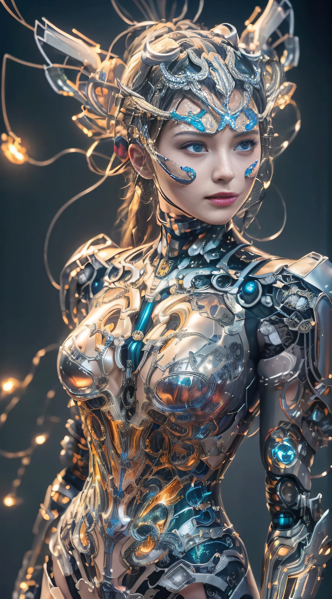 Masterpiece, best quality, super detailed, very detailed illustrations, very detailed, intricate details, high resolution, super complex details, very detailed 8k cg wallpaper, 50MM lens, caustics, reflections, ray tracing, nebulae, dark halos, network effects, (1girl:1.4), solo, alone, mecha musume, mechanical parts, robot joints, single mechanical arm, headgear, mechanical halo, star halo, electric mechanical bodysuit, mecha corset, kimono, full armor, very long hair, white hair, hair between eyes, multicolored hair, blue eyes, glowing eyes, random expression, random action, ancient chinese architecture, starry sky, skyline,