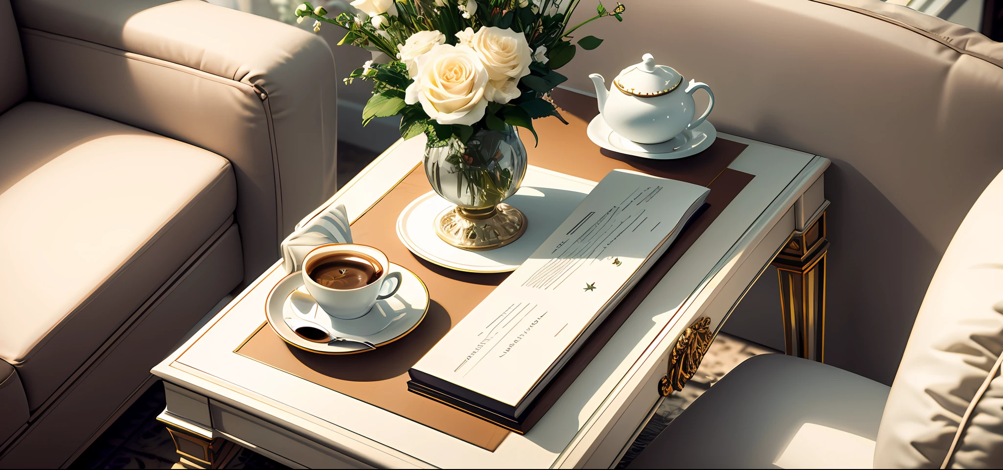 American coffee close-up, coffee detailed close-up, high-quality texture floral arrangement, crystal chandelier, light sofa side table, no saucer, light luxury, afternoon tea, white rose on table, white vase, simple color scheme, modern decoration, movie view, accurate rendering, realistic image, 8k, photo, large aperture, kodak perspective, bright tones, UHD, f1.8